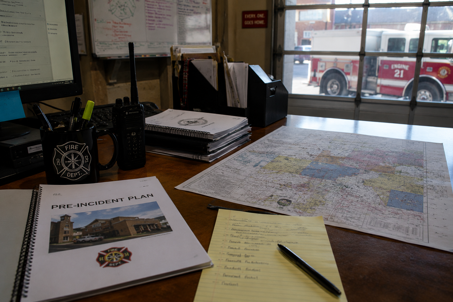 Office desk with maps, documents, and office supplies, with fire truck visible outside the window.