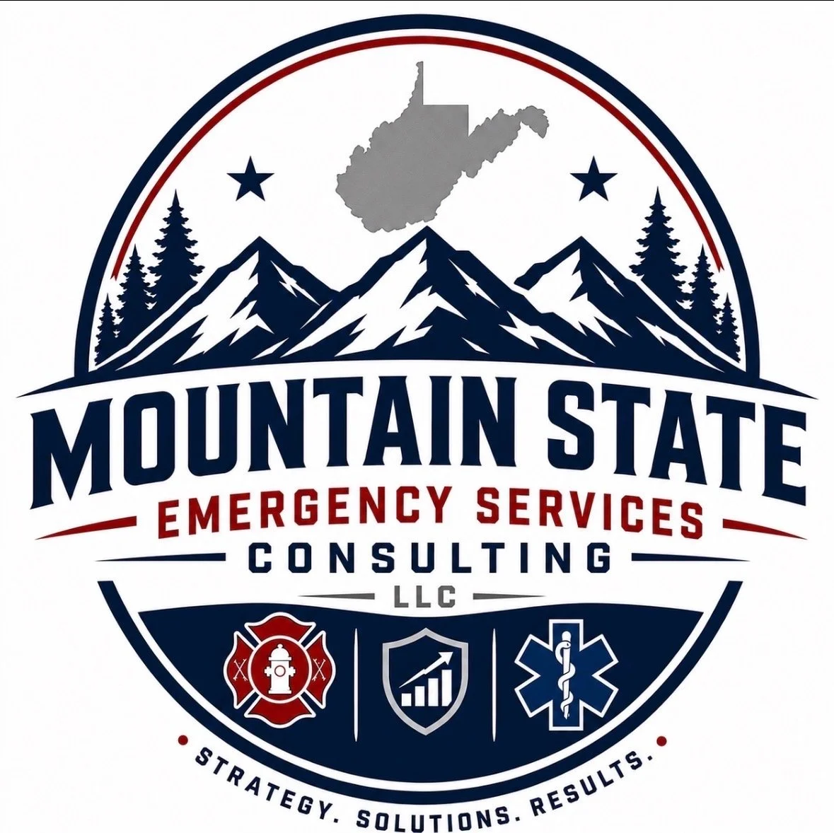 Logo for Mountain State Emergency Services Consulting featuring mountains, pine trees, stars, an outline of West Virginia, and various emergency icons.