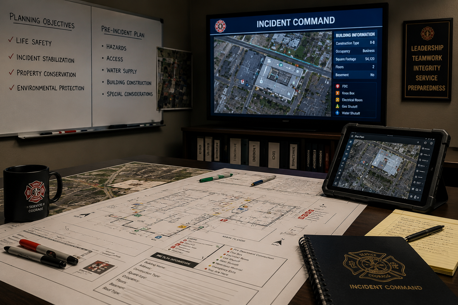 A meeting room with a desktop table covered in blueprints, markers, and notepads, a large screen displaying an incident command map, a tablet with a map application, a whiteboard with planning objectives and pre-incident plans, and a black coffee mug with the organization logo.