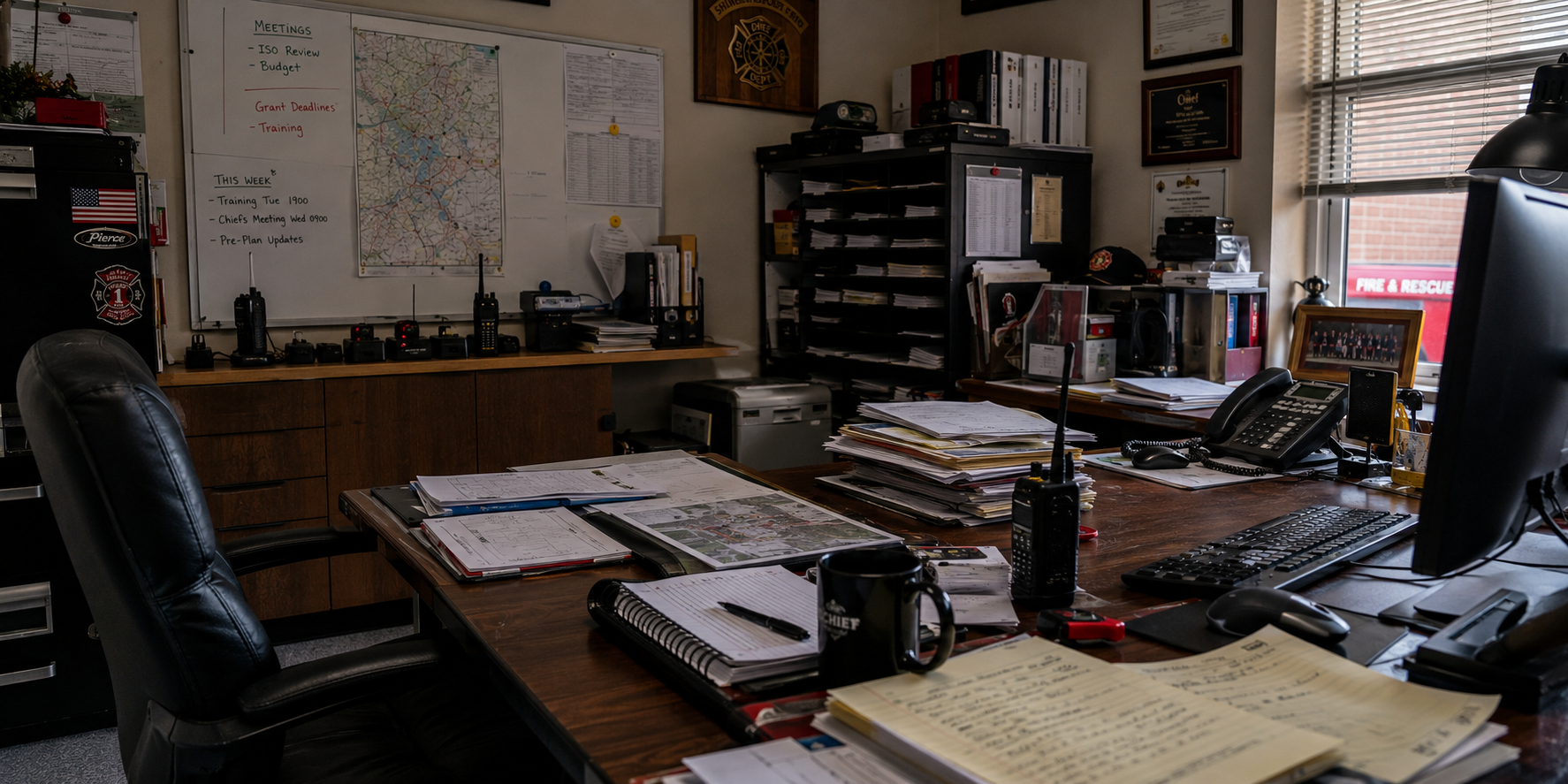 An office with a large wooden desk cluttered with papers, notebooks, a computer monitor, a keyboard, a mouse, a phone, and office supplies. Behind the desk are shelves filled with binders and documents, a whiteboard with handwritten notes and a map, and various framed certificates and awards on the wall. There are radios, a framed photo, and a window with blinds allowing natural light.