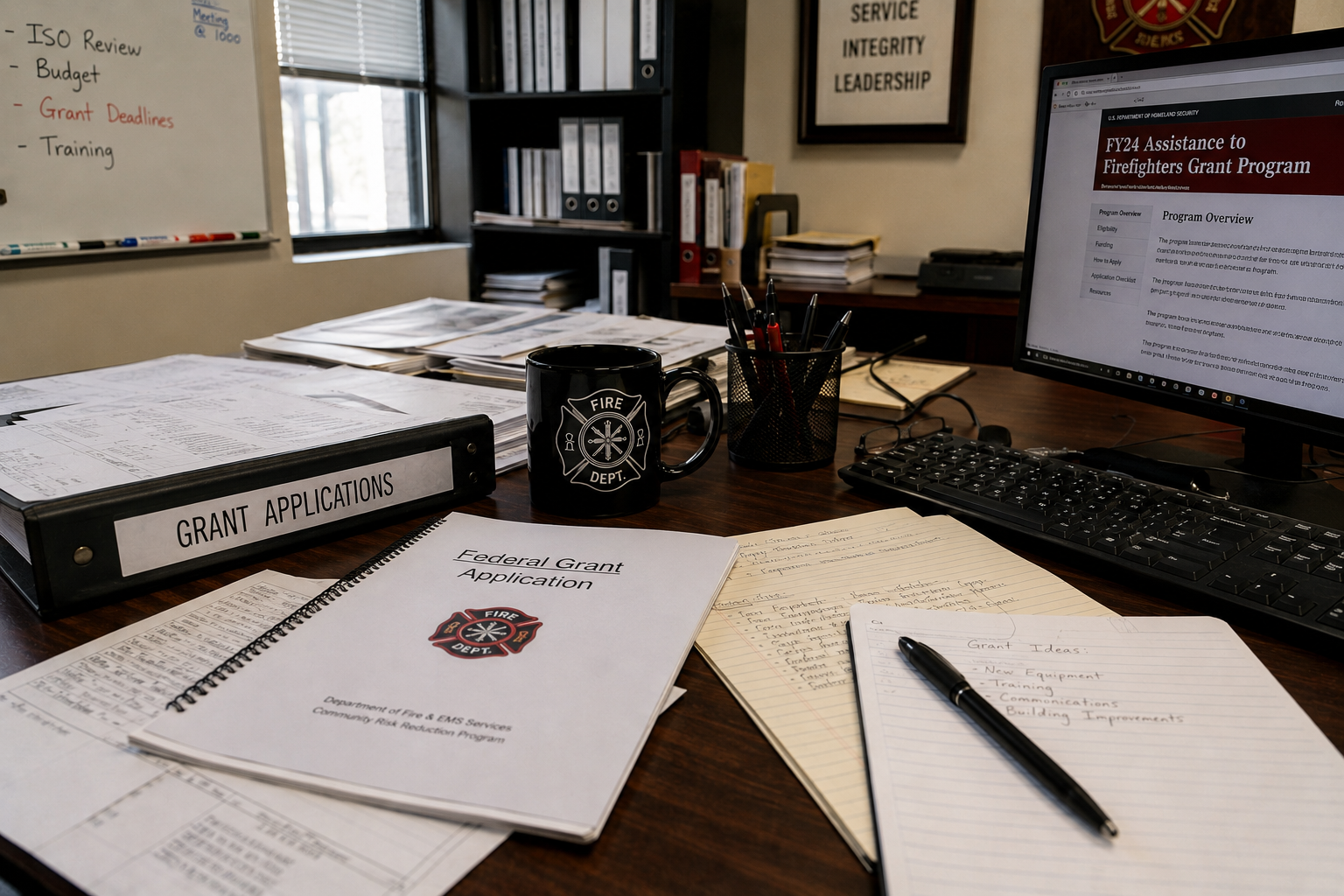 Fire department grant application documents on a desk with a binder labeled 'Grant Applications', a computer monitor displaying a fire grant program, a black mug with fire department emblem, pens in a holder, and handwritten notes on lined paper.