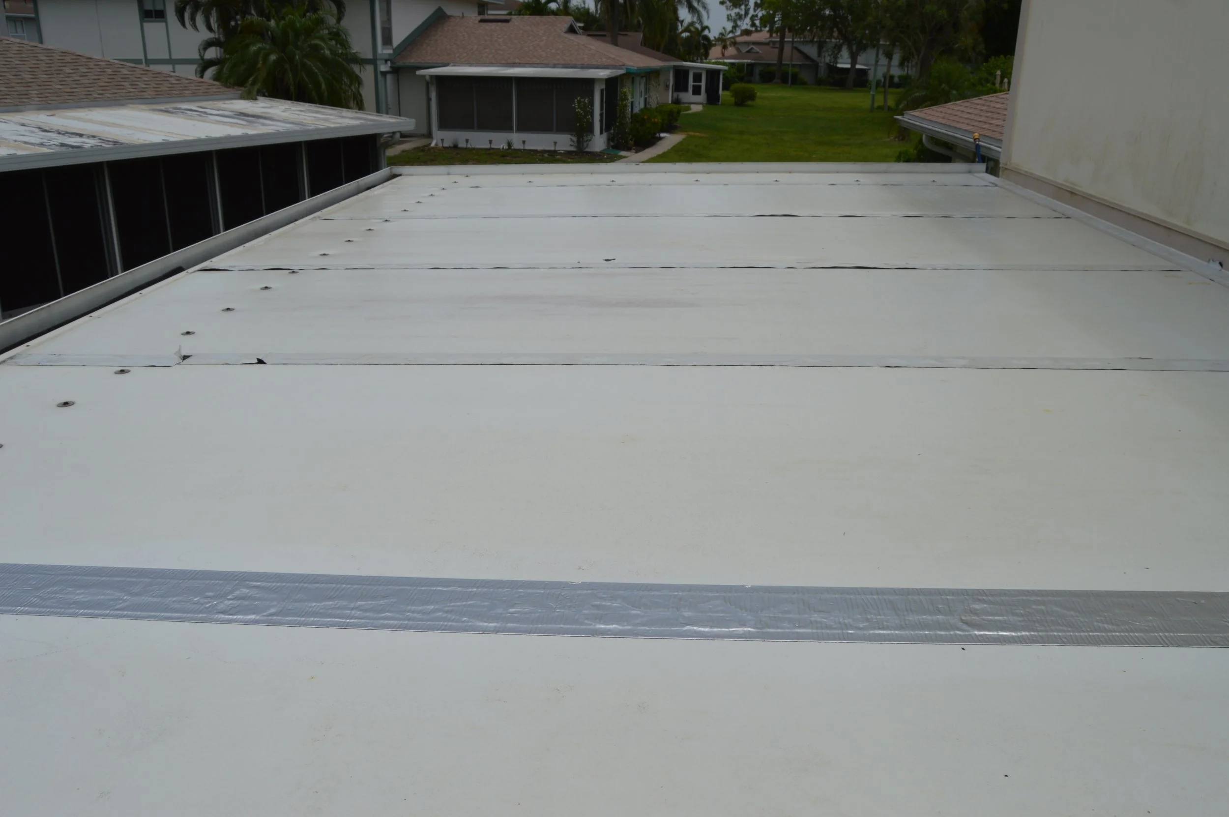 View of rooftops, with one white flat roof in the foreground and other houses with sloped roofs, a grassy backyard, and palm trees in the background.