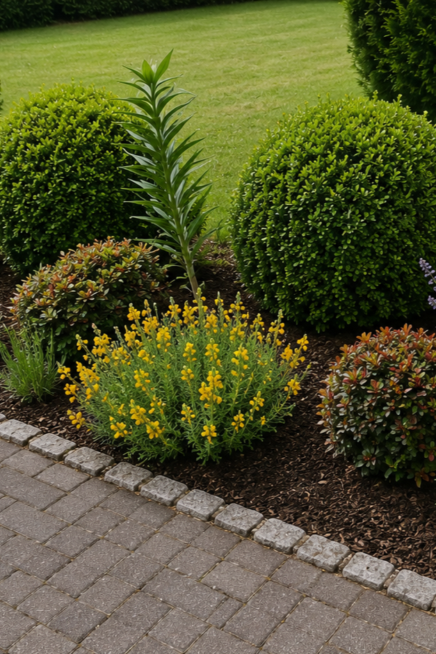 Garten mit verschieden grünen Büsche und gelben Blumen neben einem gepflasterten Weg.