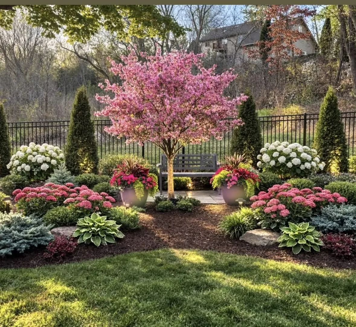 Ein Garten mit blühendem rosa Baum in der Mitte, umgeben von weißen und rosa Chrysanthemen, kleine grüne Büsche und ein Rasen im Vordergrund, und ein Zaun im Hintergrund.