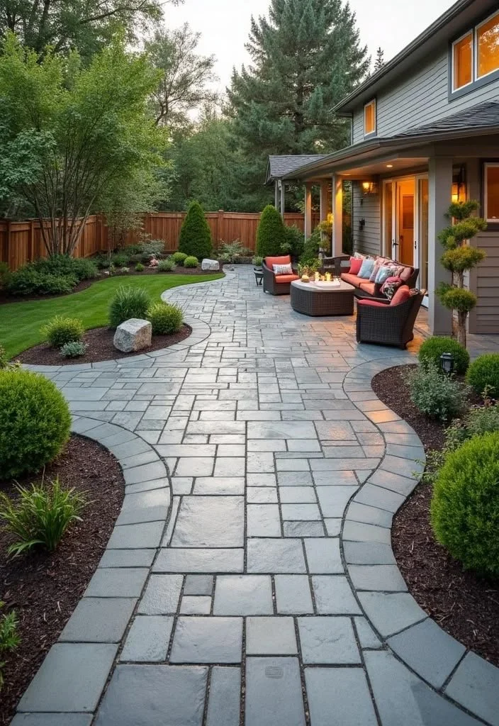 Ein gepflegter Gartenweg aus Pflastersteinen führt zu einem Haus mit großer Terrasse, umgeben von Bäumen und Büschen, bei Sonnenuntergang.