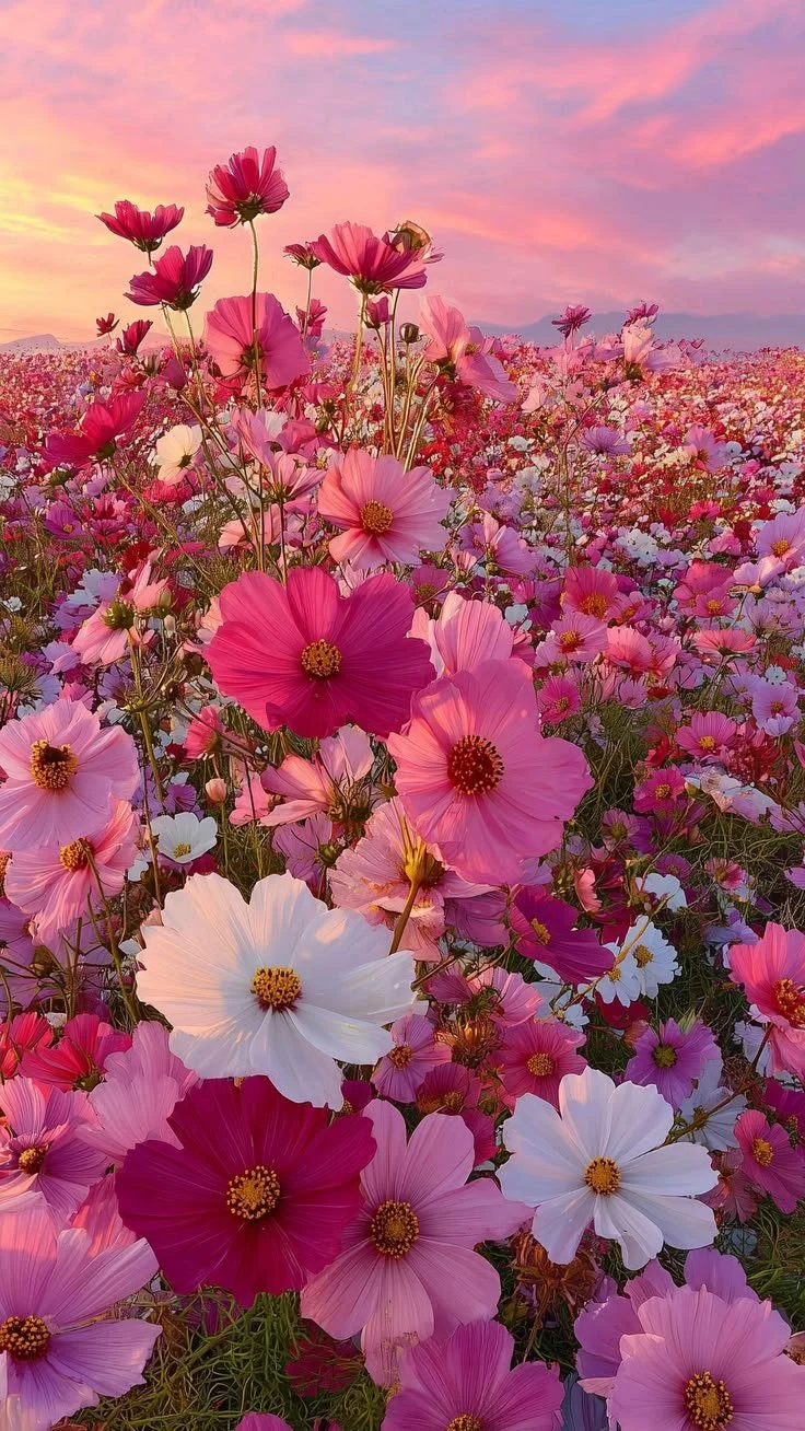 Ein blühendes Feld voller pinker, weißer und lila Kosmeen unter einem farbigen Himmel bei Sonnenuntergang.