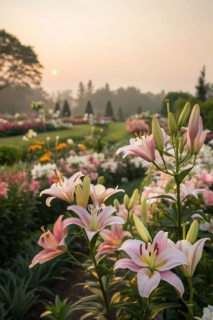 Schöne blühende Lilien in einem Garten bei Sonnenuntergang, mit Bäumen im Hintergrund und einem bewölkten Himmel.