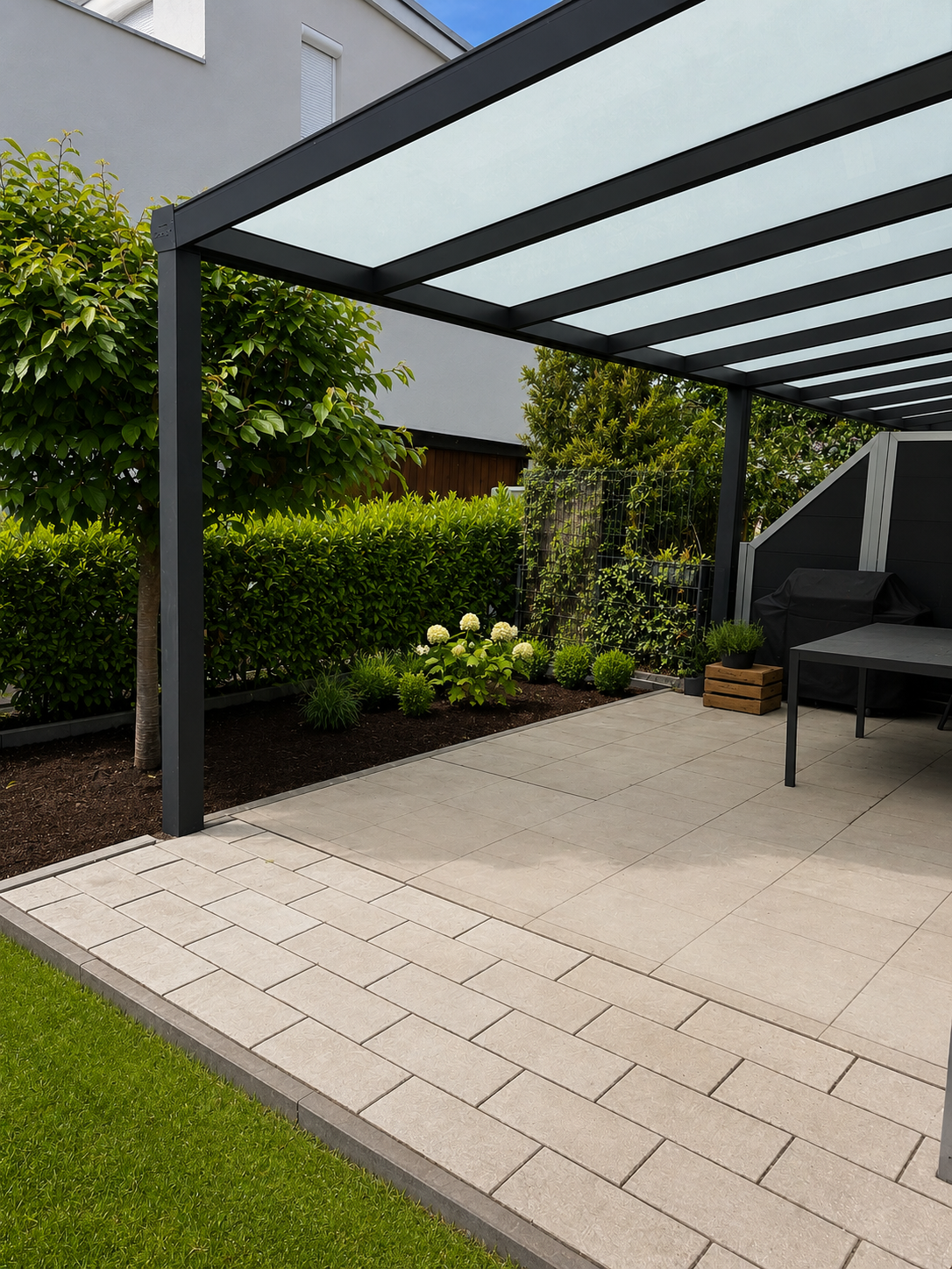 Moderne Terrasse mit grauem Fliesenboden, grünen Pflanzen, Hecke und einer Pergola mit Glasdach.