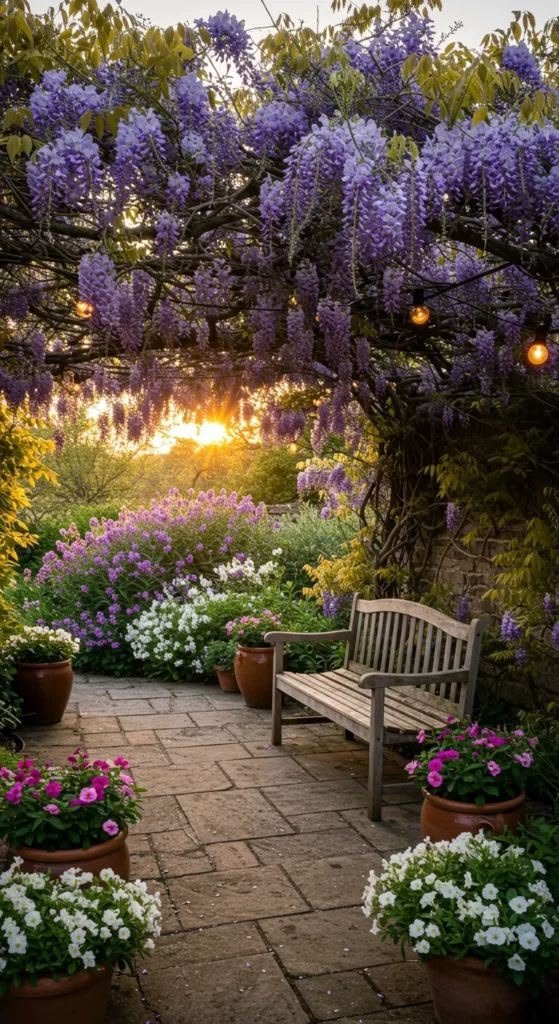 Ein Garten mit einer Holzbank, umgeben von bunten Blumen in Töpfen, unter einem blühenden Wein mit violellen Blüten, während die Sonne untergeht.