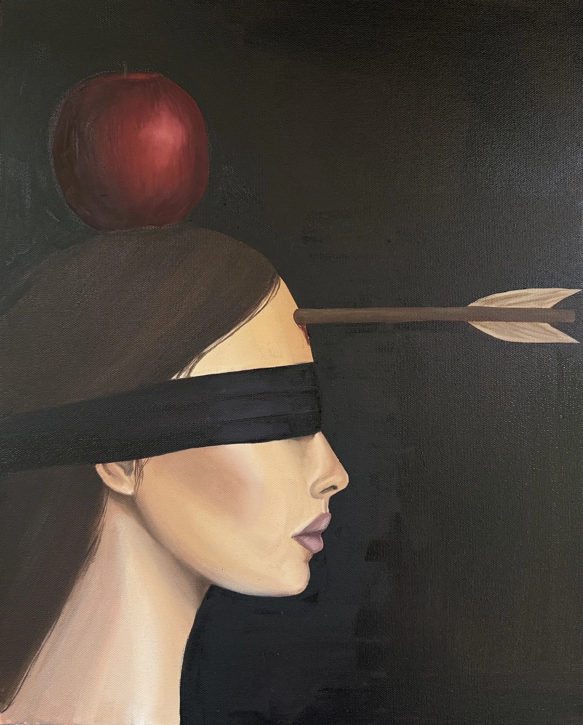 Side profile of a woman with dark hair, with a blind fold, and an apple on her head, and an arrow in her forehead. 