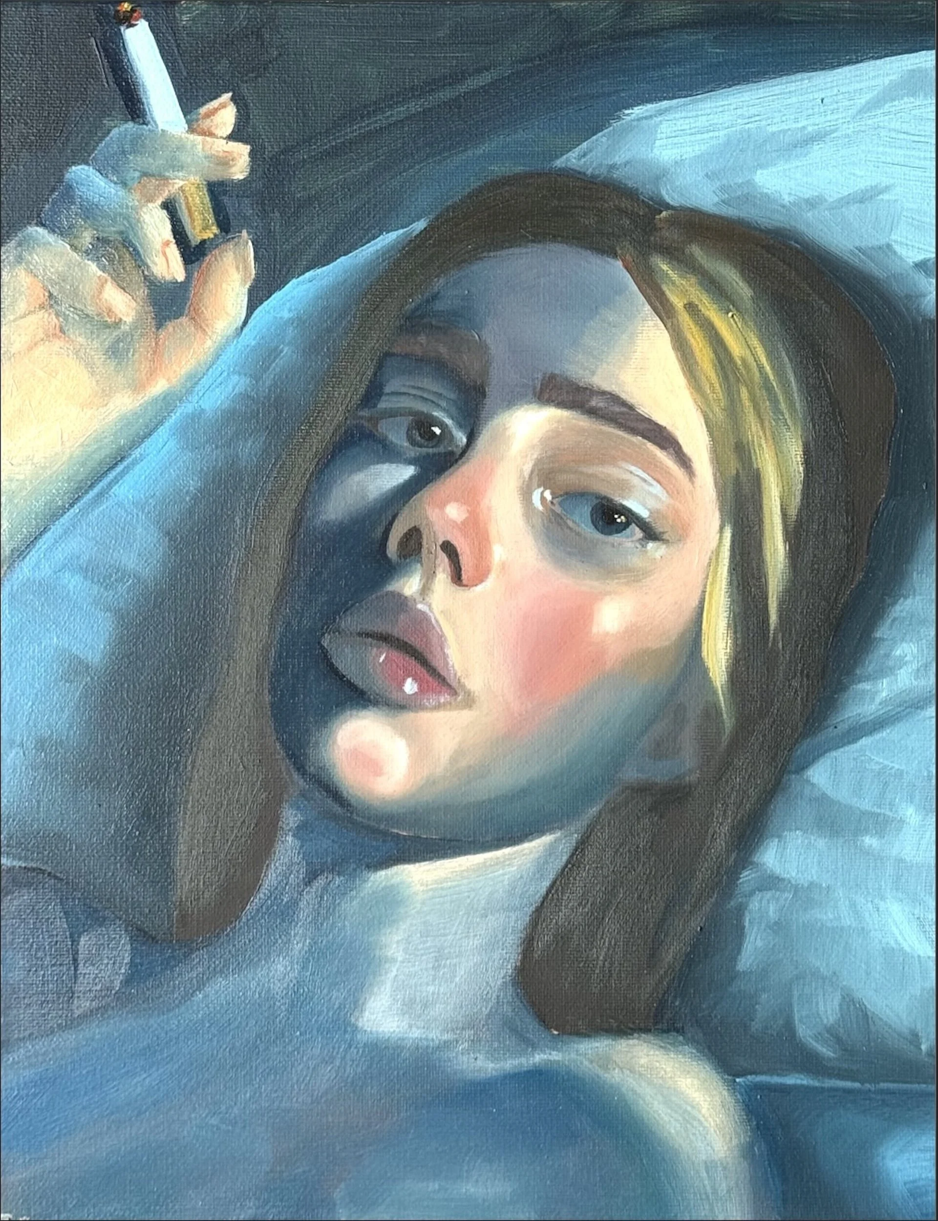 A portrait of a woman lying in her bed, blue light washed over her. She is holding a cigarette. 