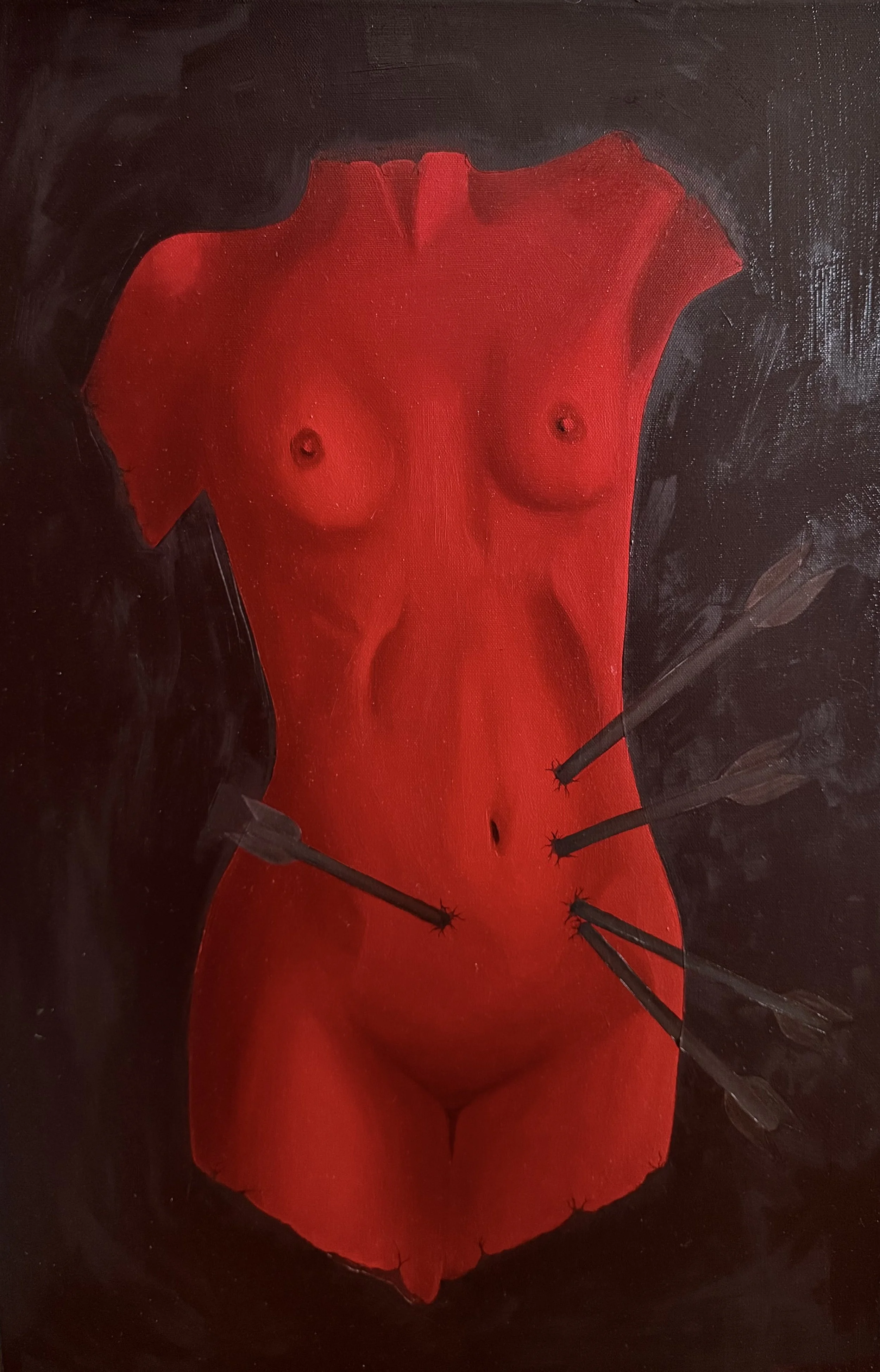A painting of a nude woman's torso and thighs in red, with a black background, pierced by arrows.
