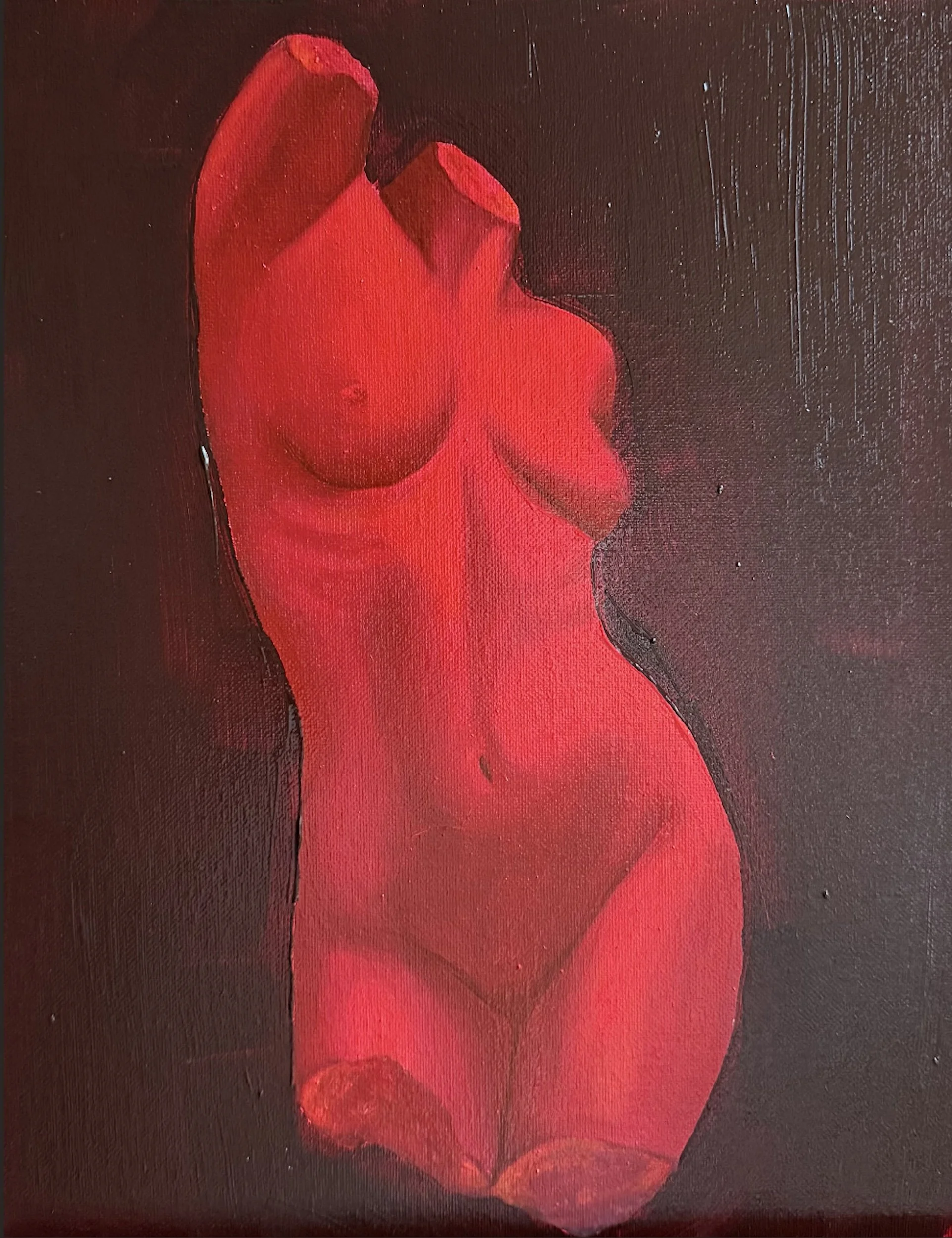 A painting of a nude torso in bright red. 