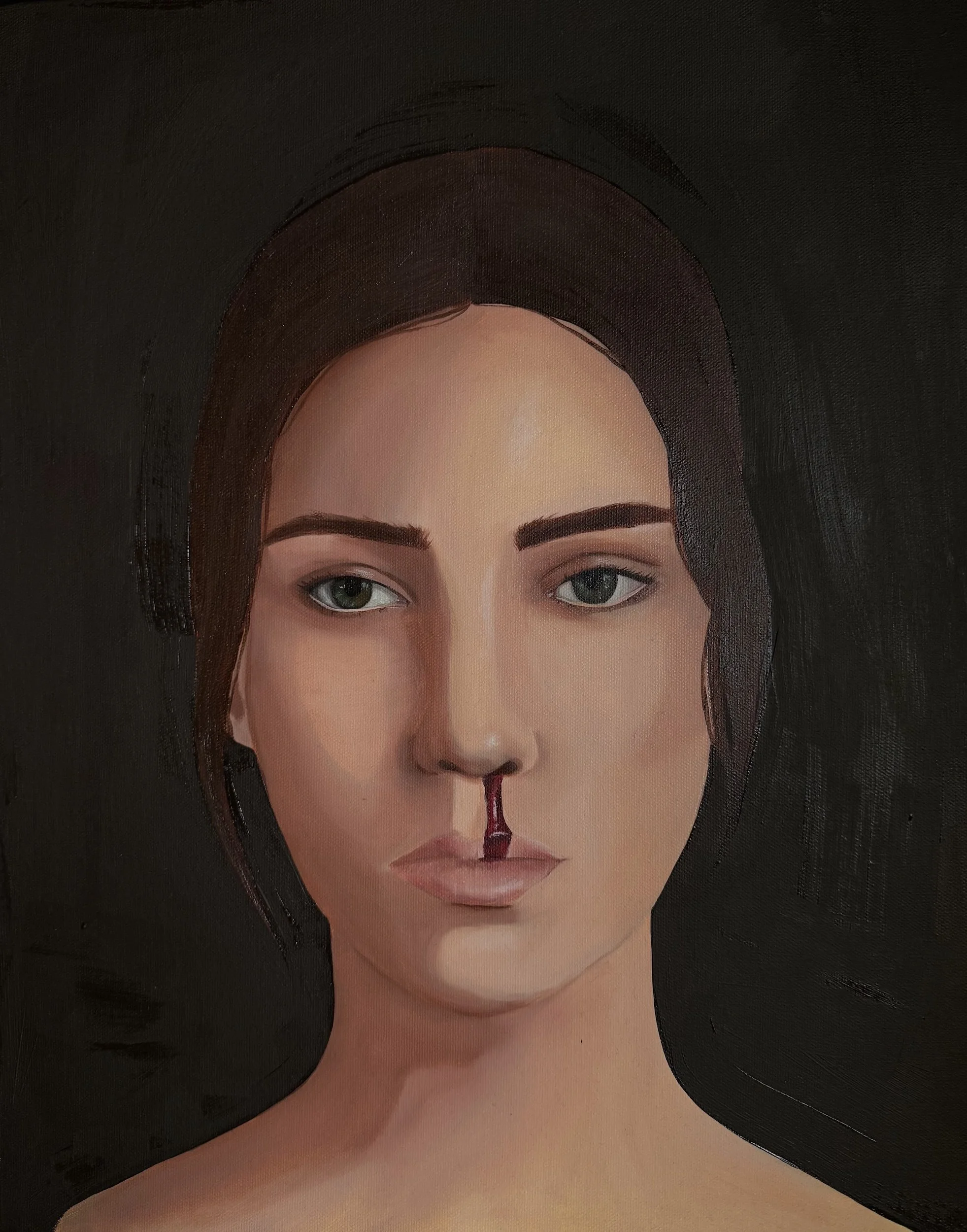 Close-up of a woman's face with dark hair, green eyes, and a nosebleed, on a dark background.