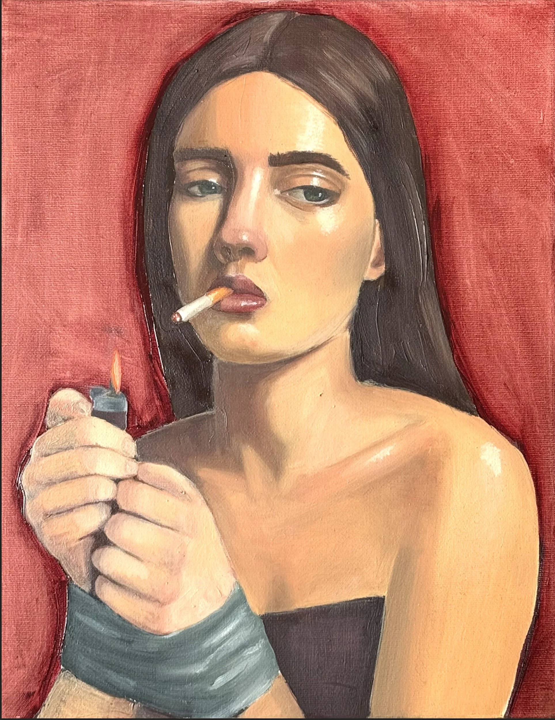 Painting of a woman with dark hair, holding a cigarette in her mouth, and her hands duct tape. 