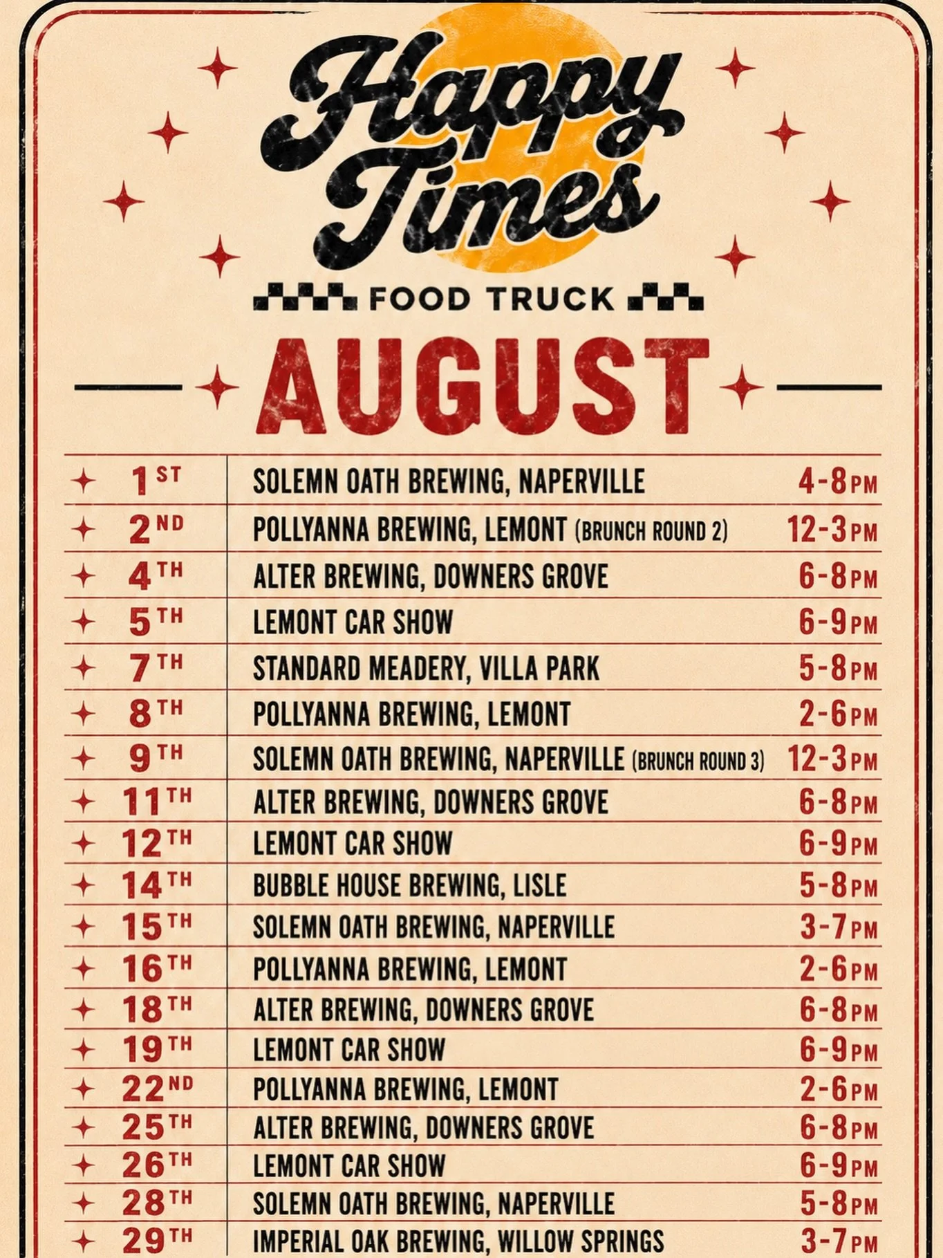 August is here! ☀️🍔

We&rsquo;ve got another month packed with breweries, the Lemont Car Show, and our brunch pop-ups. Come grab a burger, fries, and a cold drink before the restaurant opens later this year.

Check out our August schedule and we&rsq