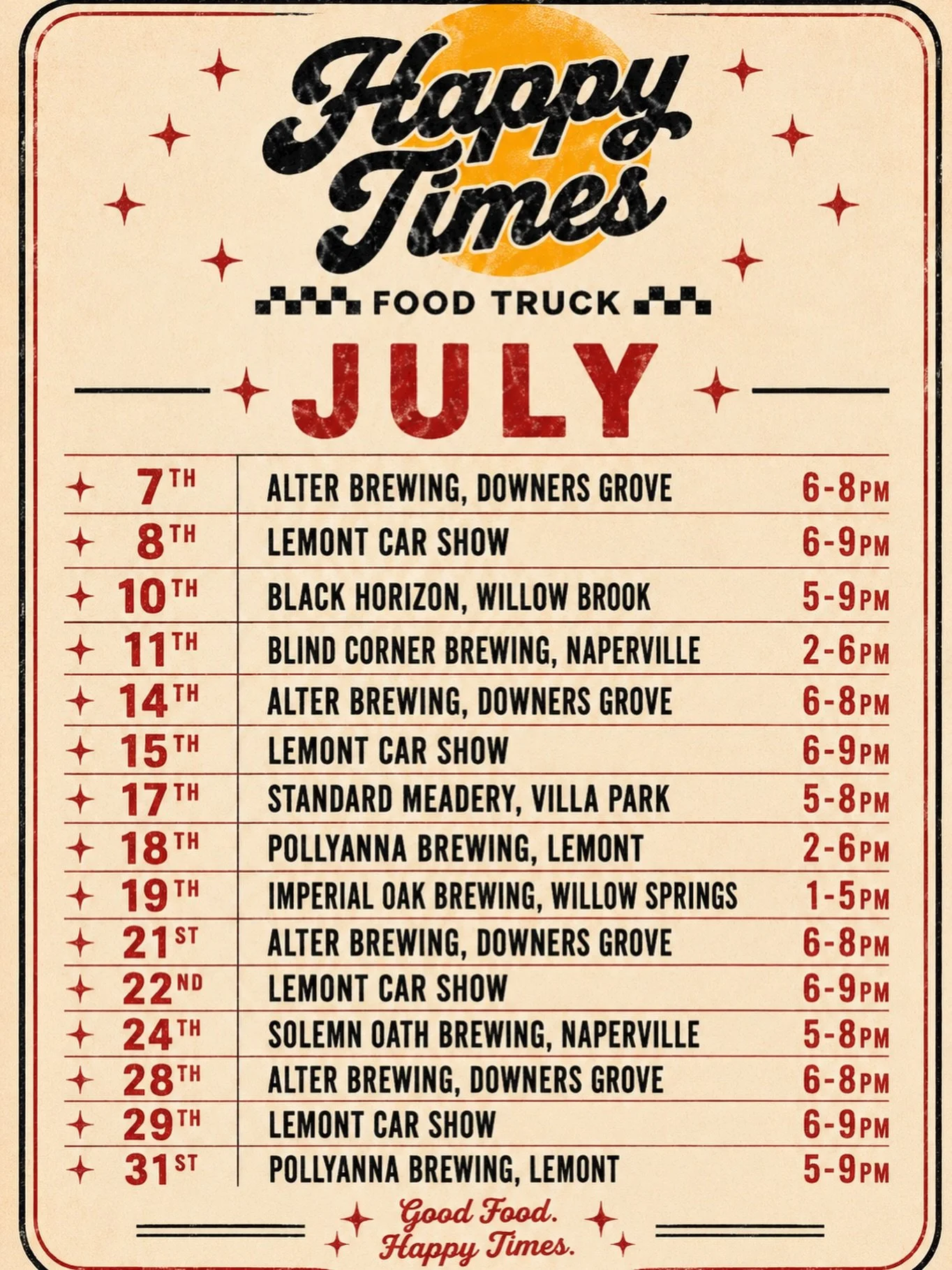 JULY IS LOOKING REAL GOOD 😮&zwj;💨🍔☀️

We&rsquo;re loading up the truck and bringing Happy Times all over the western suburbs this month! Breweries, car shows, cold drinks, smash burgers, fried chicken, and plenty of beef tallow fries. Sounds like 