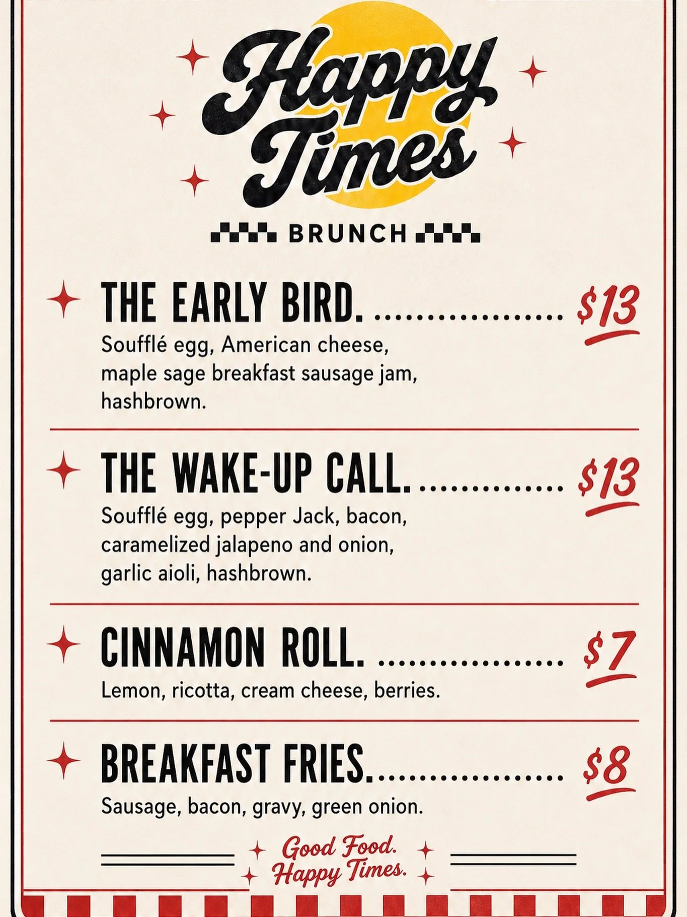 🚨 BRUNCH IS HERE. 🚨

For the first time ever, Happy Times is serving up BRUNCH.

Join us this Sunday at Pollyanna Brewing Lemont for Beats &amp; Brunch (12-4pm)(or sell out)&mdash;where we&rsquo;ll be flipping breakfast sandwiches while Pollyanna p