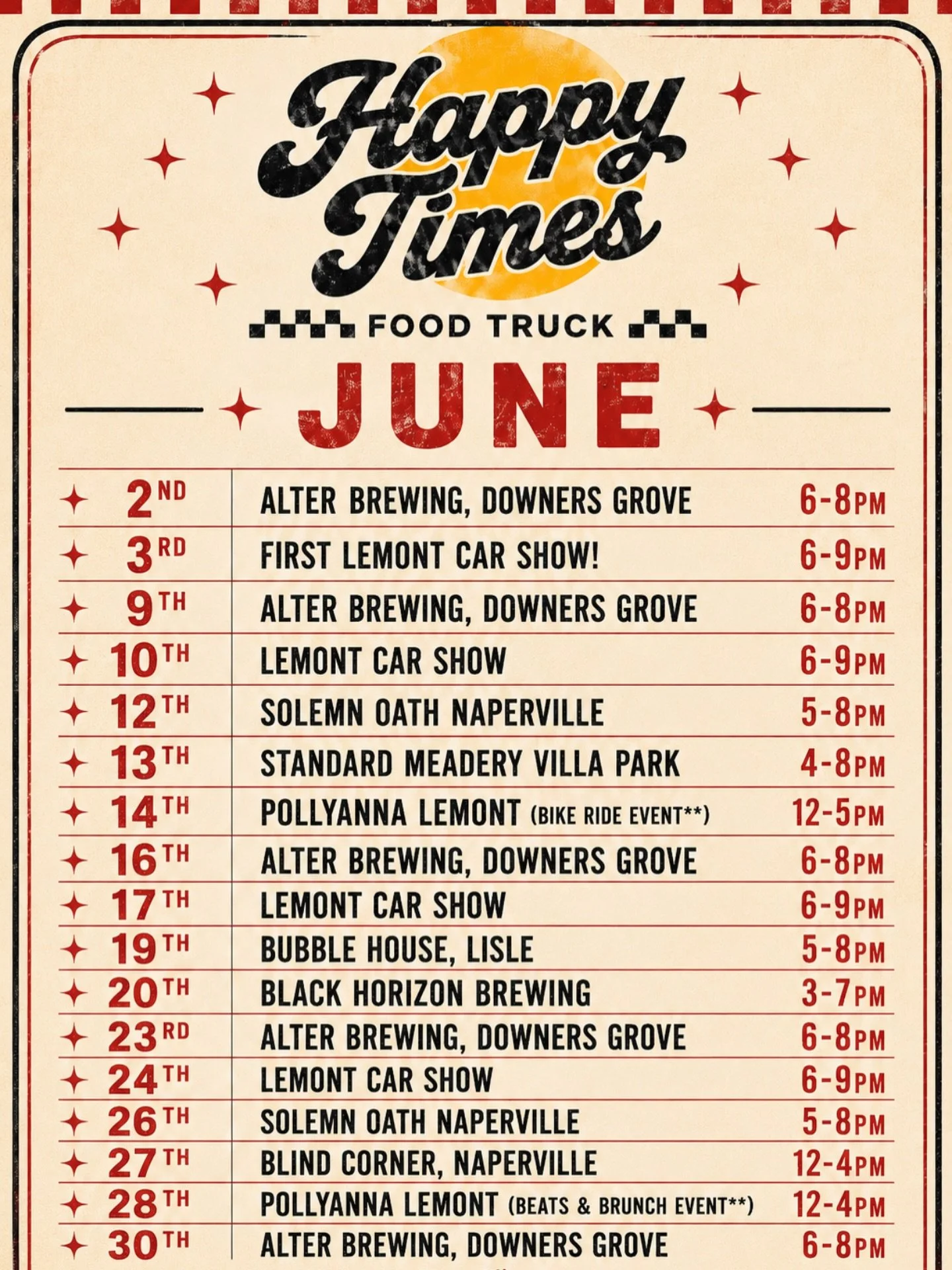 🔥 JUNE SCHEDULE IS HERE 🔥

Summer goes fast, so let&rsquo;s make the most of it.

We&rsquo;ve got a great lineup of car shows, breweries, and events this month, serving up smash burgers, fried chicken, and beef tallow fries all calling your names!
