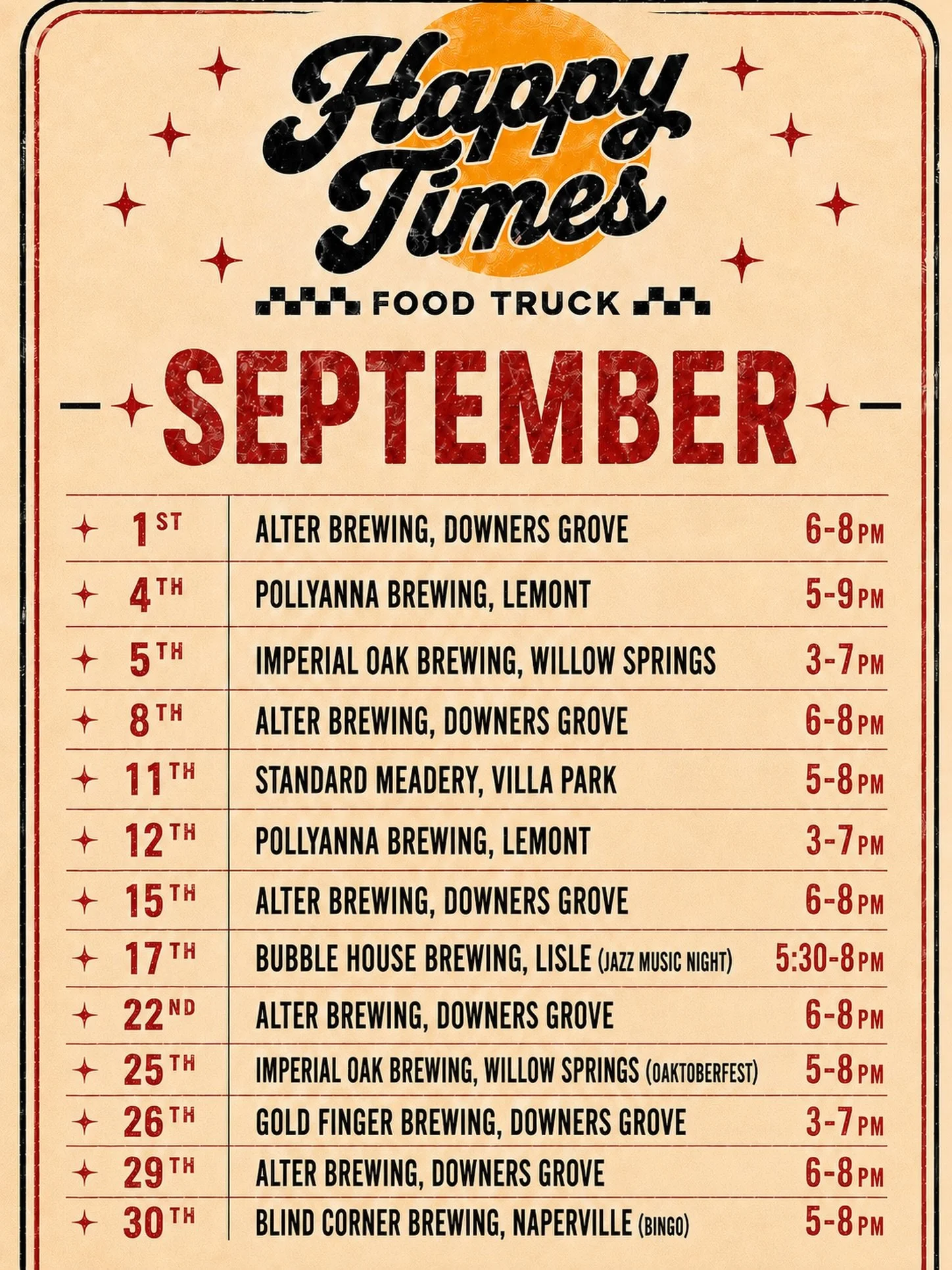 September is STACKED! 🍔🔥

We&rsquo;re hitting some of our favorite breweries all month long &mdash; cold beer, crispy chicken, smash burgers, beef tallow fries, and Happy Times. 🤘

Save the schedule, send it to your crew, and come hungry. 🍔🍟🍺

