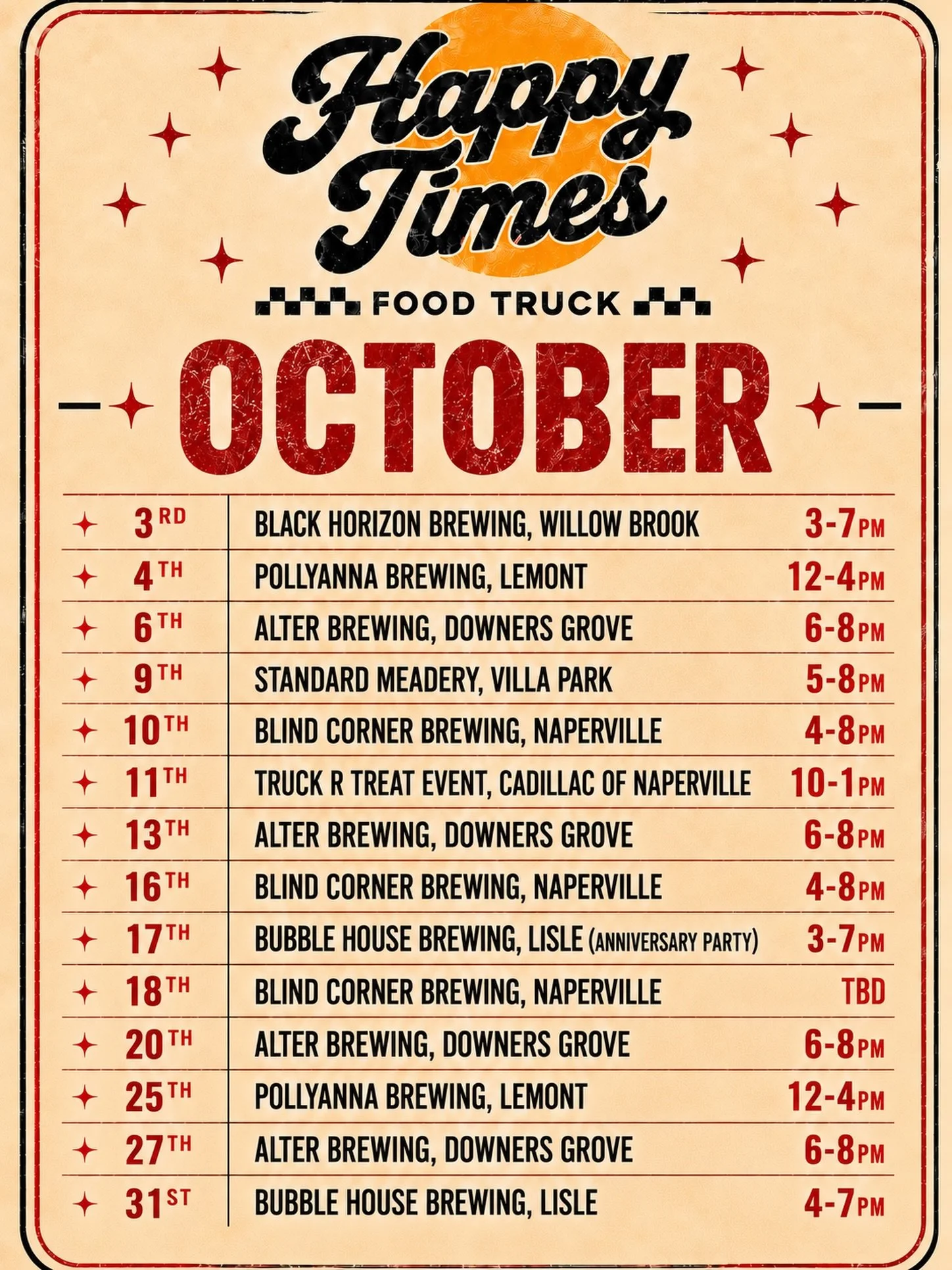 October is here! 🍔

We&rsquo;ve got a packed month ahead with plenty of burgers, chicken, fries &amp; good times. Come find the Happy Times truck at some of our favorite local spots all month long!

Save the calendar &amp; come hungry! 🤘🍔