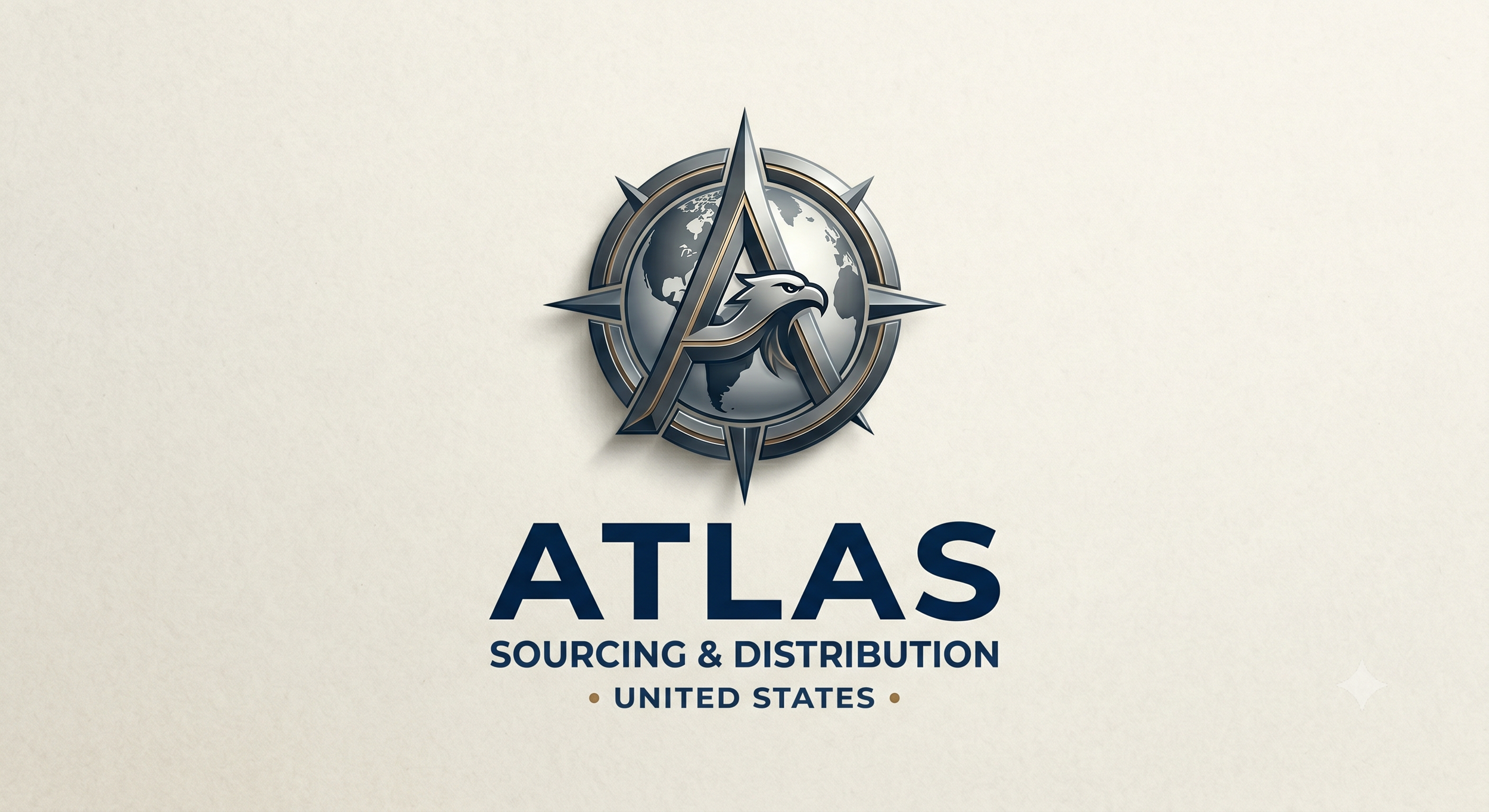 Logo of Atlas Sourcing & Distribution in the United States featuring a stylized eagle, a globe, and a compass design.