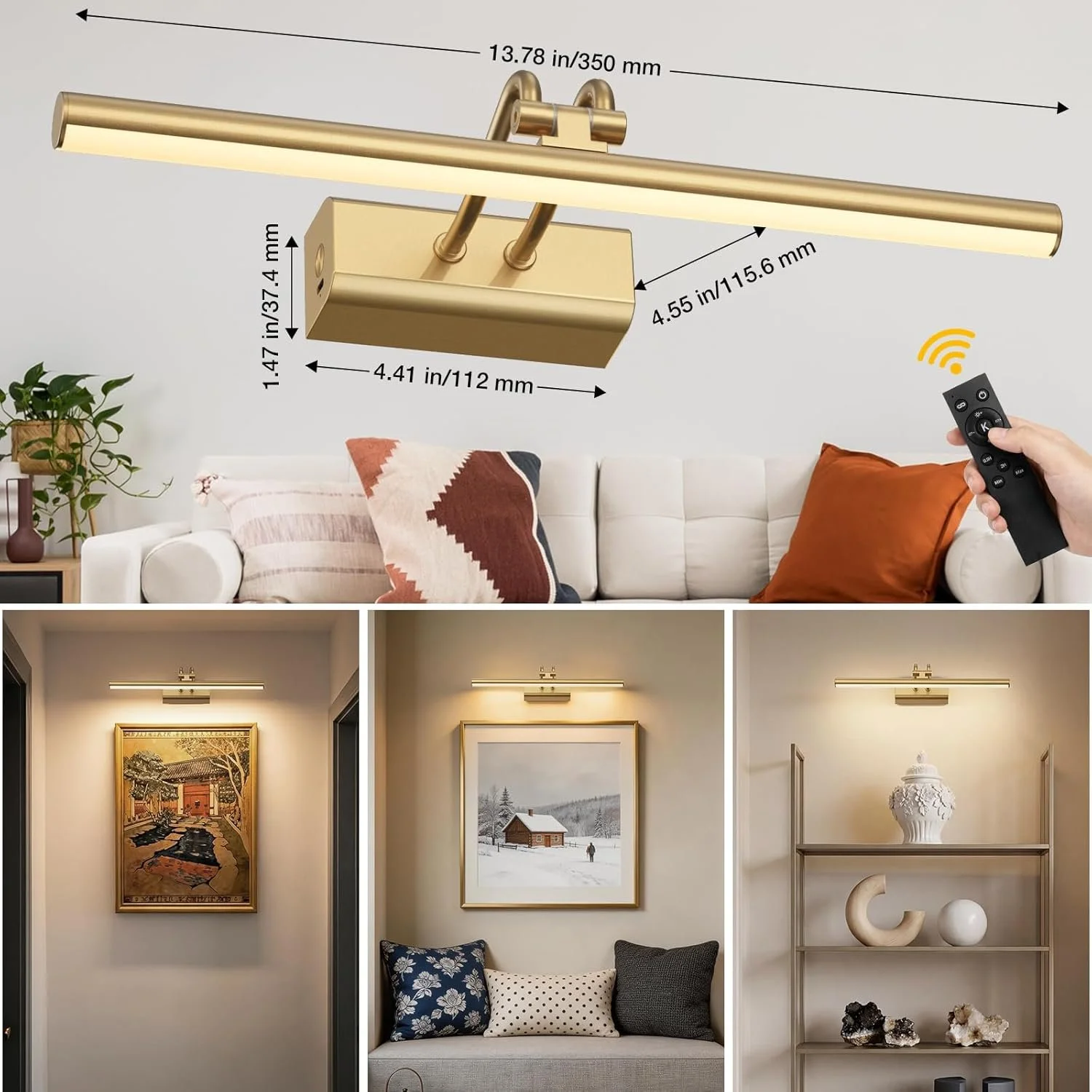 A ceiling light fixture with measurements, shown in three different rooms: a living room with cushions and a sofa, a hallway with framed artwork, and a display shelf with decorative items.