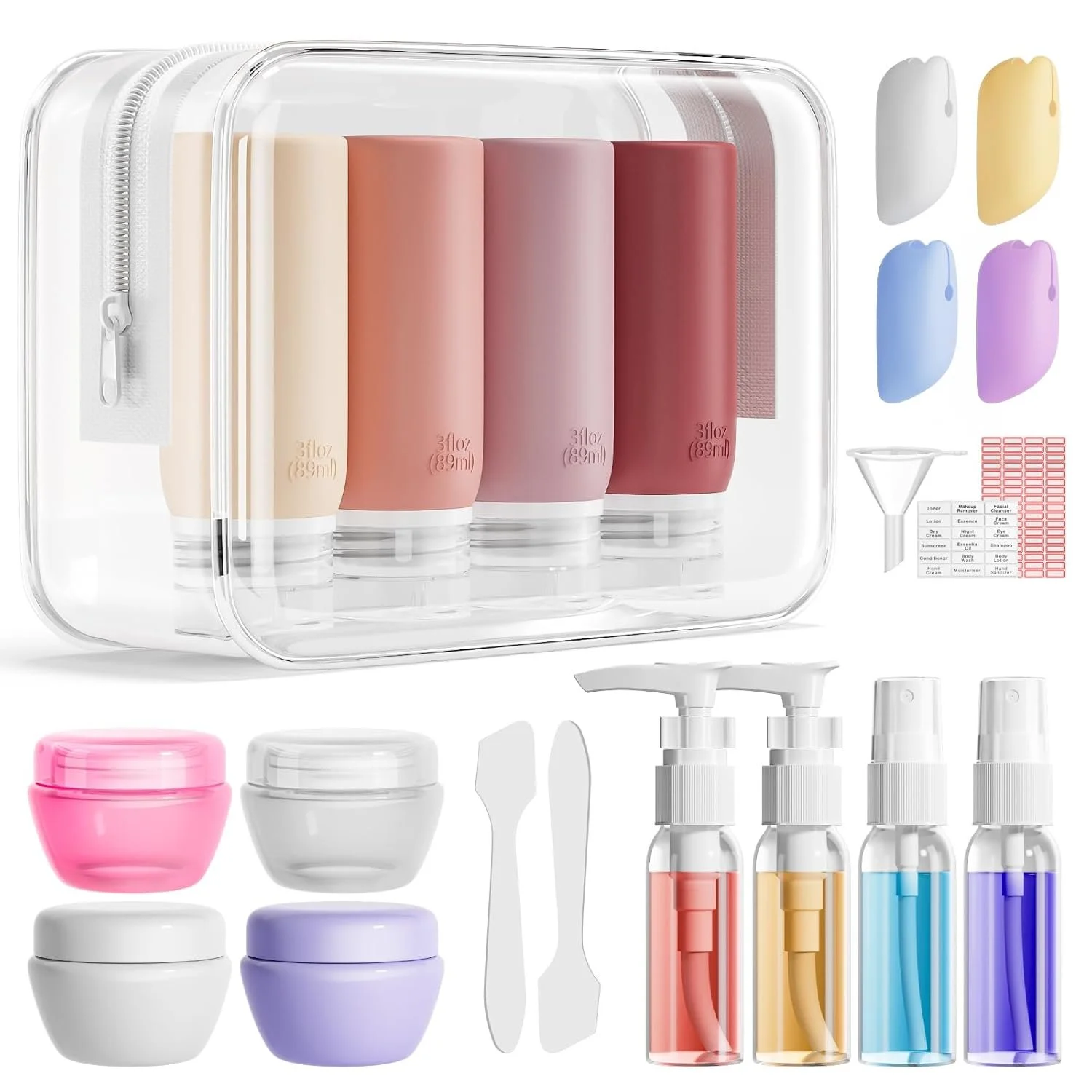 A collection of personal care and beauty items including various small storage containers, bottles with droppers, facial massage tools, and a clear zippered organizer with concentrated lip, skincare, and cosmetic products.