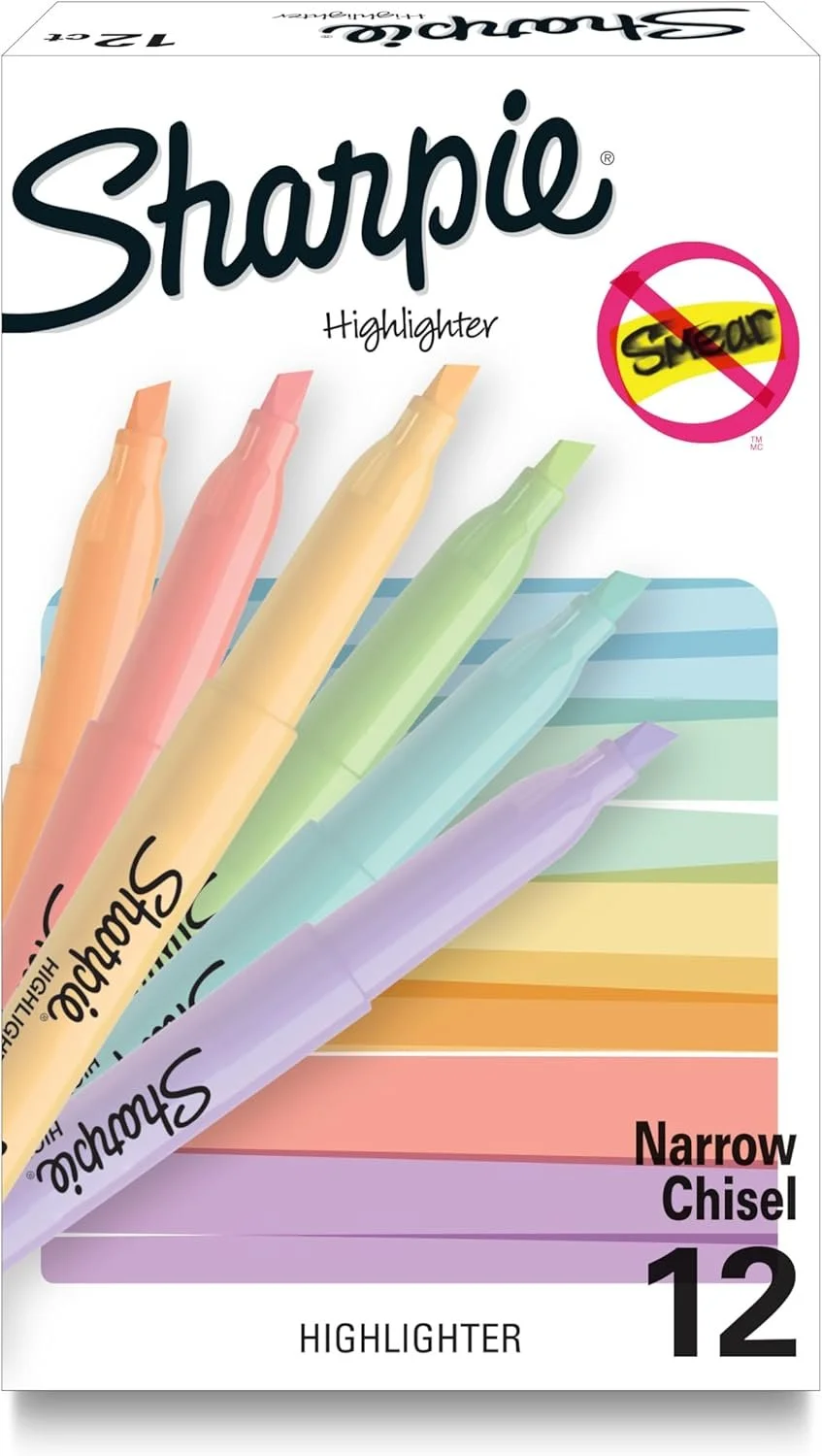 Box of Sharpie highlighters in various pastel colors with a label indicating narrow chisel tip and 12 highlighters inside.