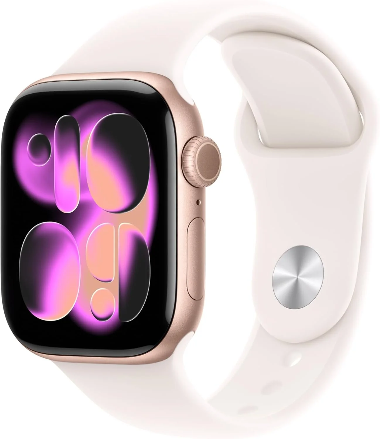 Close-up of a gold Apple Watch with a black and purple digital display, attached to a white band and a separate white band with a metallic button.