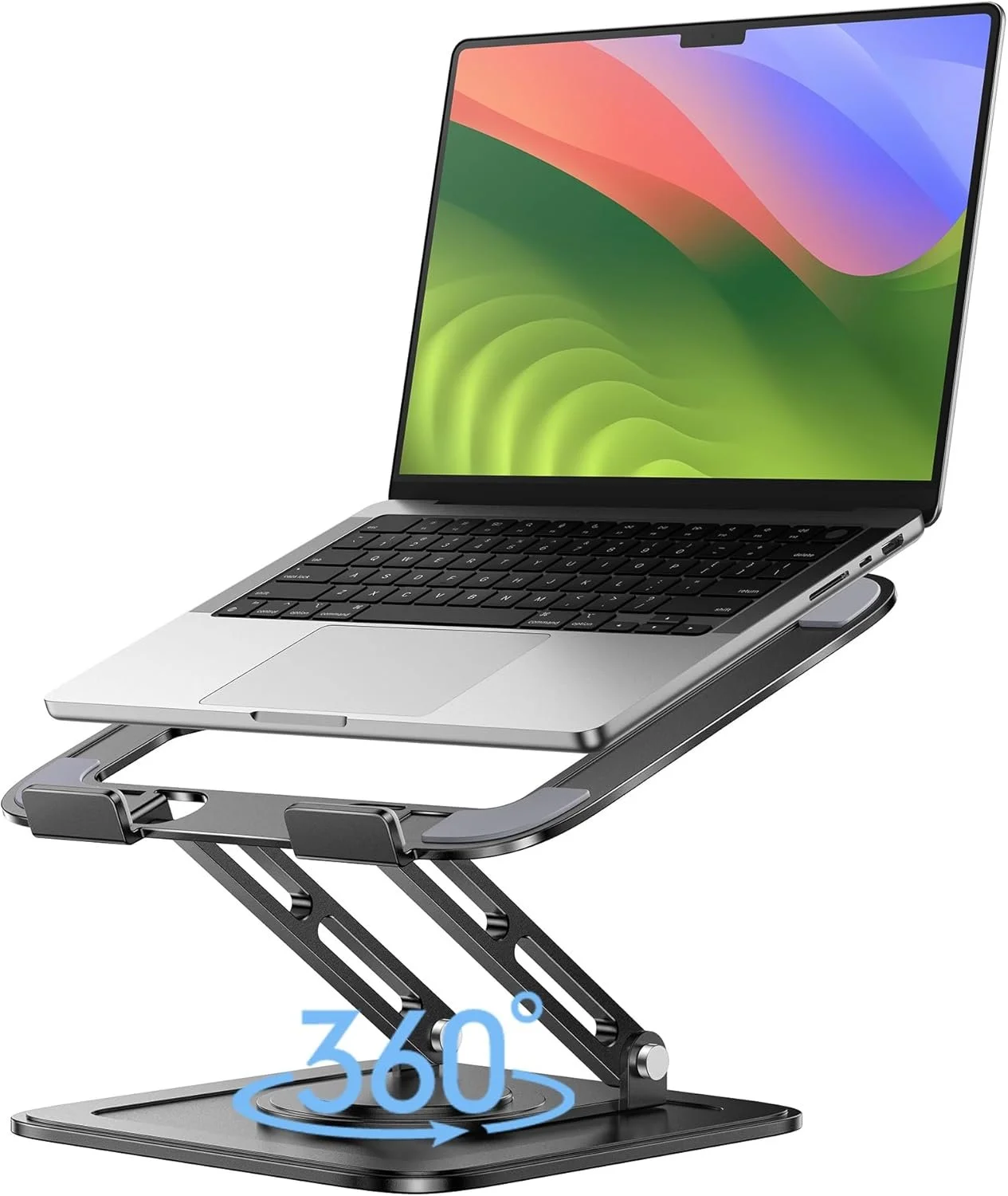 A laptop positioned on a height-adjustable stand with a 360-degree rotation feature.