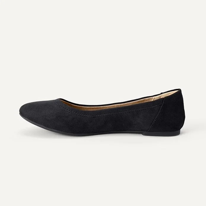 Black ballet flat shoe with a rounded toe and a flat sole.