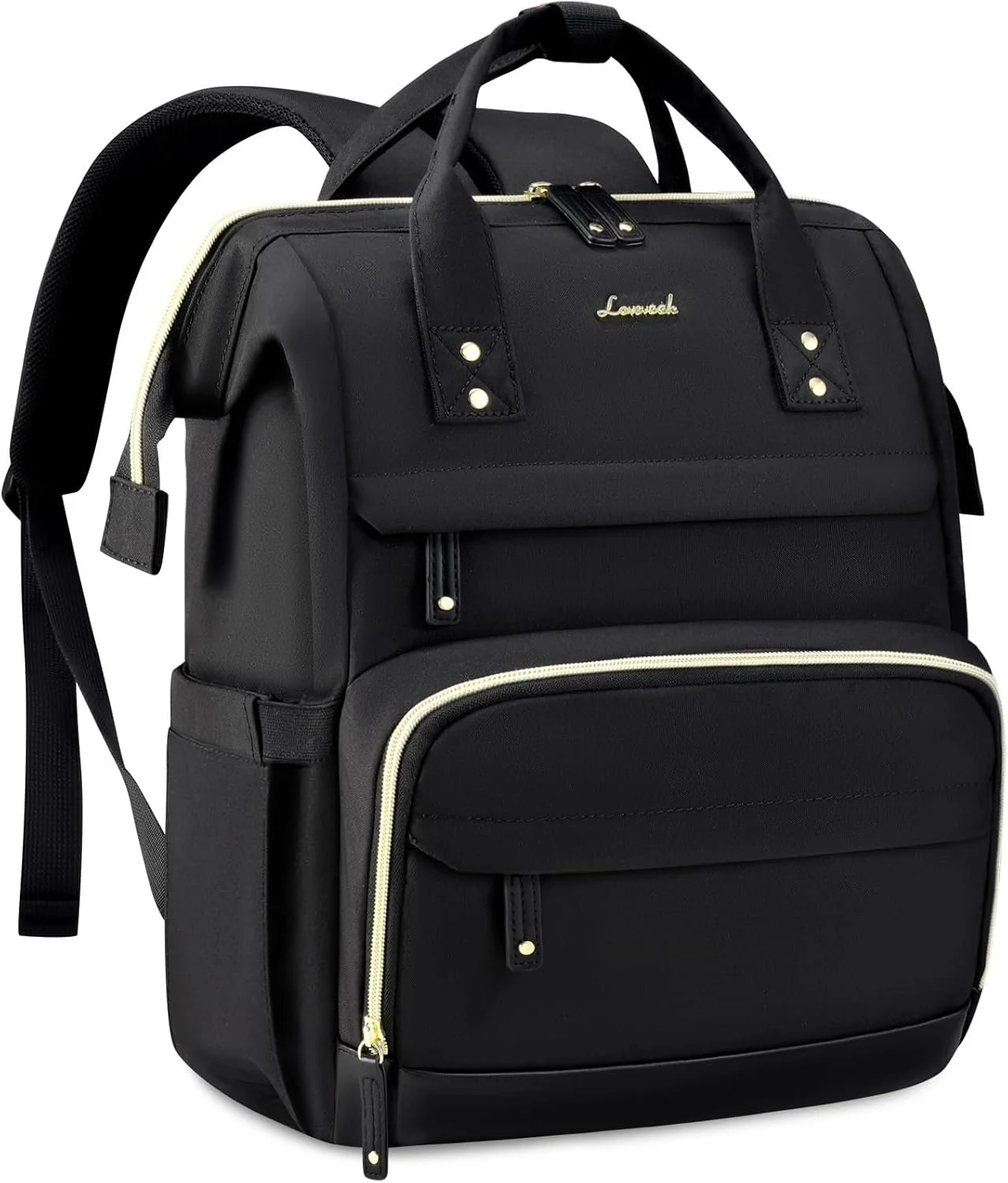 Black backpack with multiple compartments and gold accents, labeled with