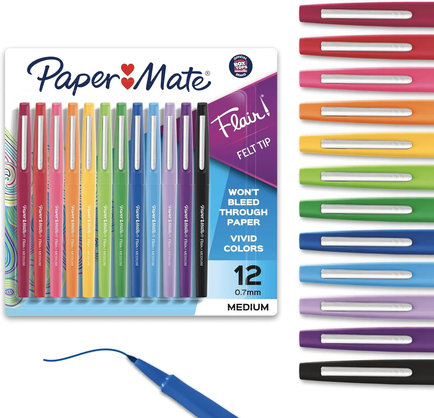 Set of 12 Paper Mate Flair felt tip pens in various colors, with some pens shown on the right side of the image, and a blue pen cap and part of the pen rod at the bottom.