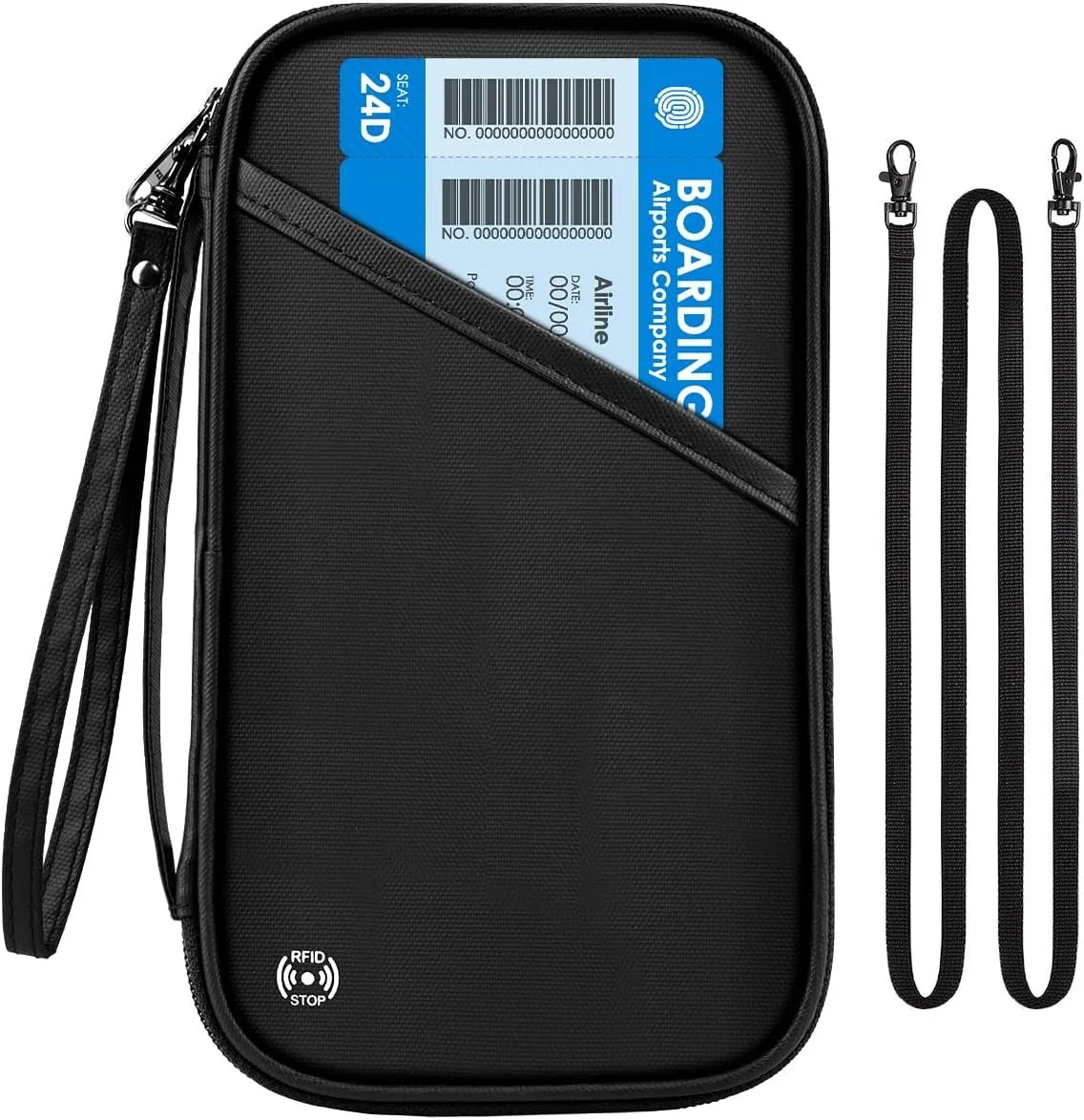 Black travel neck wallet with RFID protection, holding airline boarding passes, with adjustable lanyard straps.