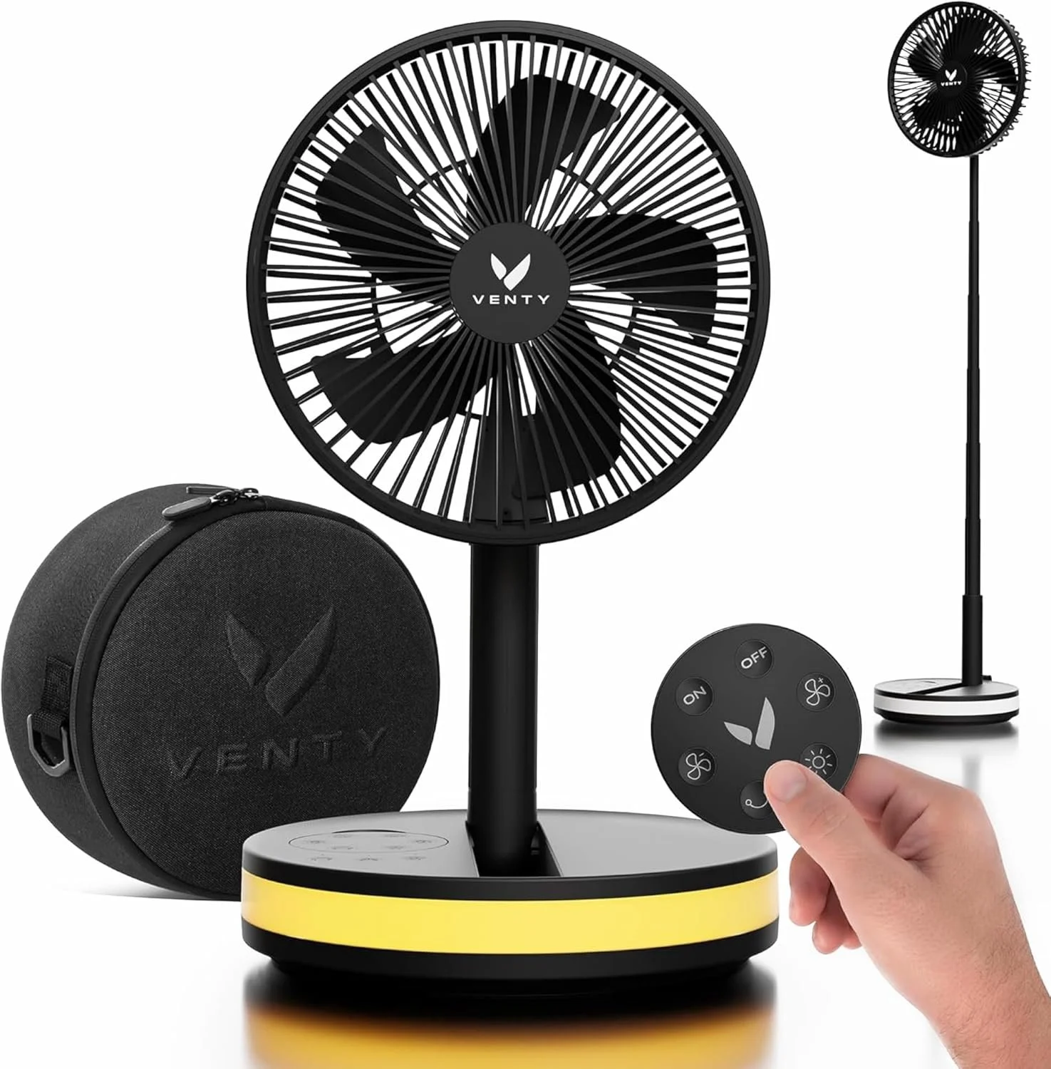 A Venty air circulator fan with a remote control, a carrying case, and an additional stand fan in the background.
