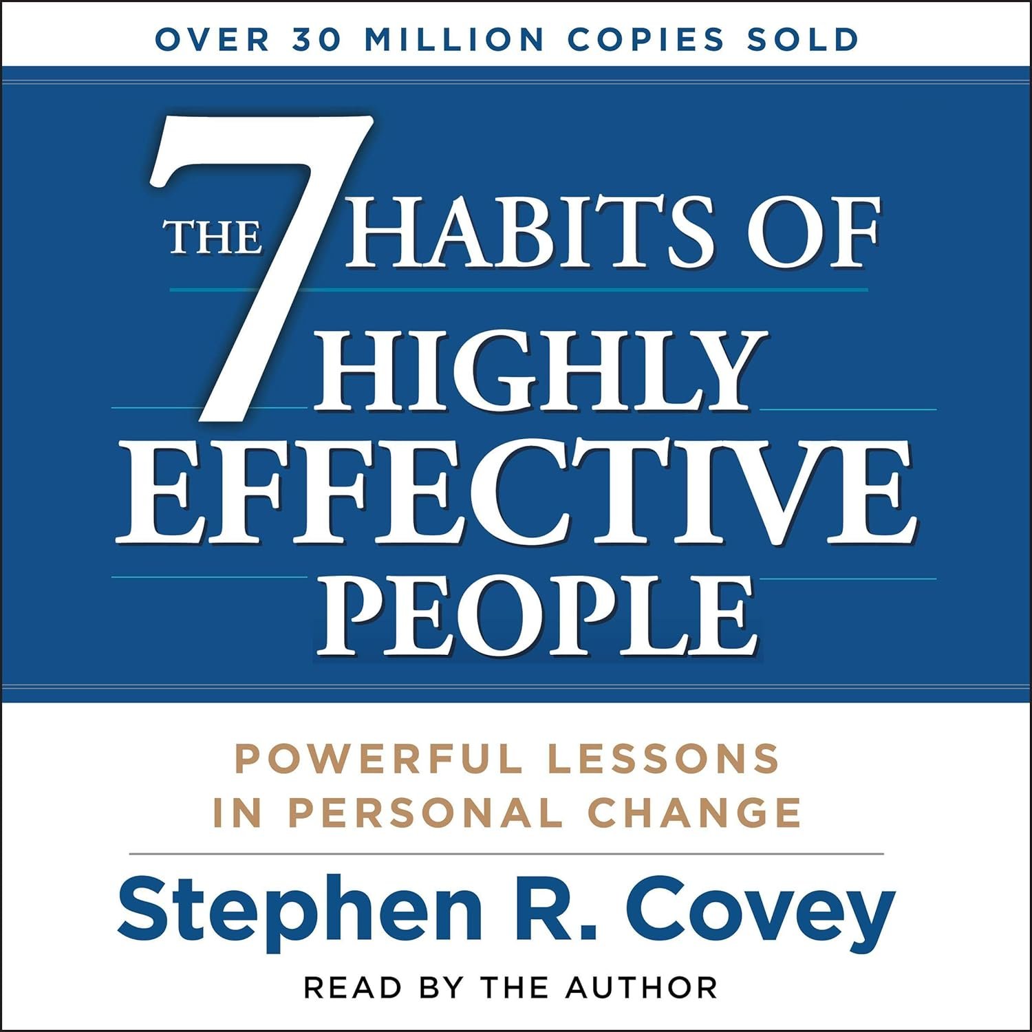 Book cover titled 'The 7 Habits of Highly Effective People' with a subtitle 'Powerful lessons in personal change,' authored by Stephen R. Covey, highlighting over 30 million copies sold.