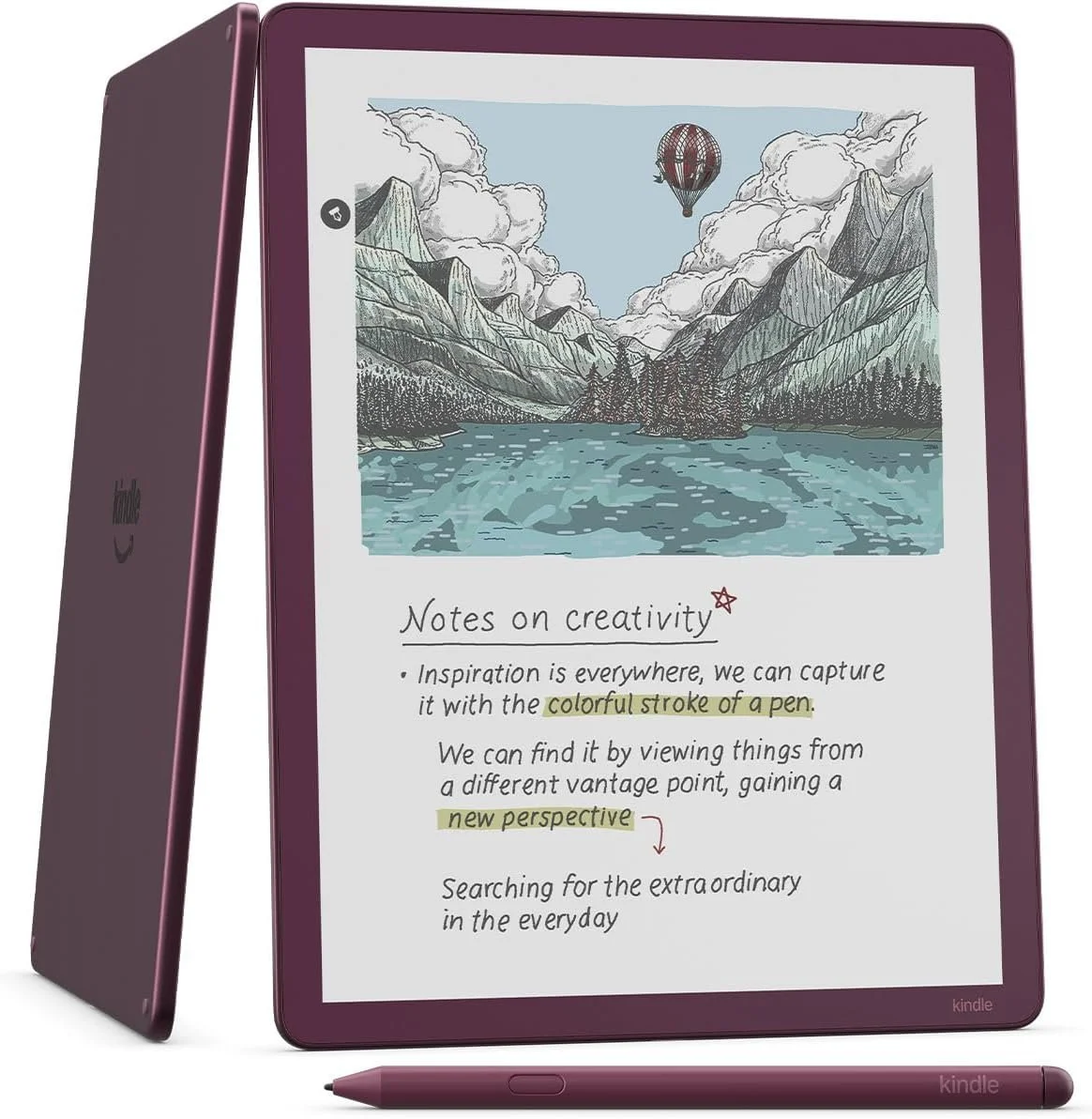 A purple Kindle e-reader displaying a scenic illustration of mountains, a lake, and a hot air balloon in the sky. The screen shows handwritten notes titled "Notes on creativity" with highlighted phrases in yellow.