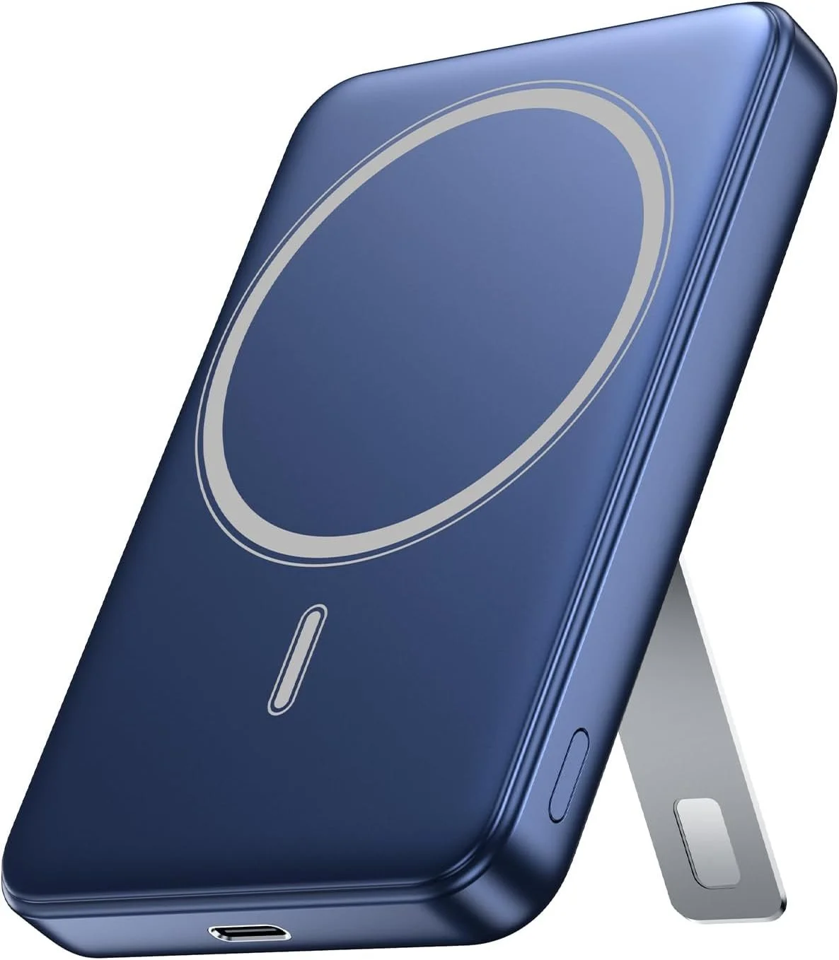 Blue portable wireless charger with a foldable stand feature