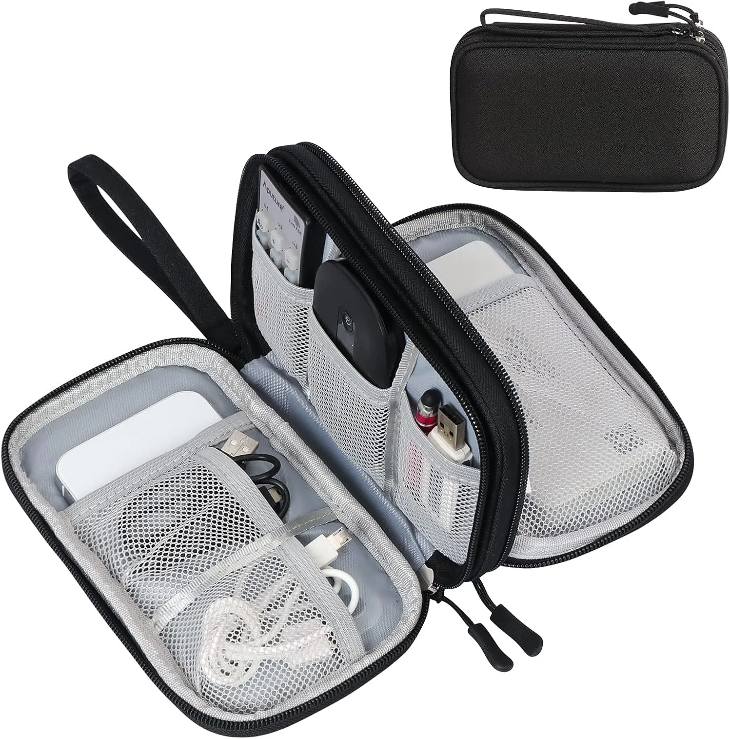 Open black travel electronics organizer with compartments holding charging cables, power bank, earbuds, and other electronic accessories