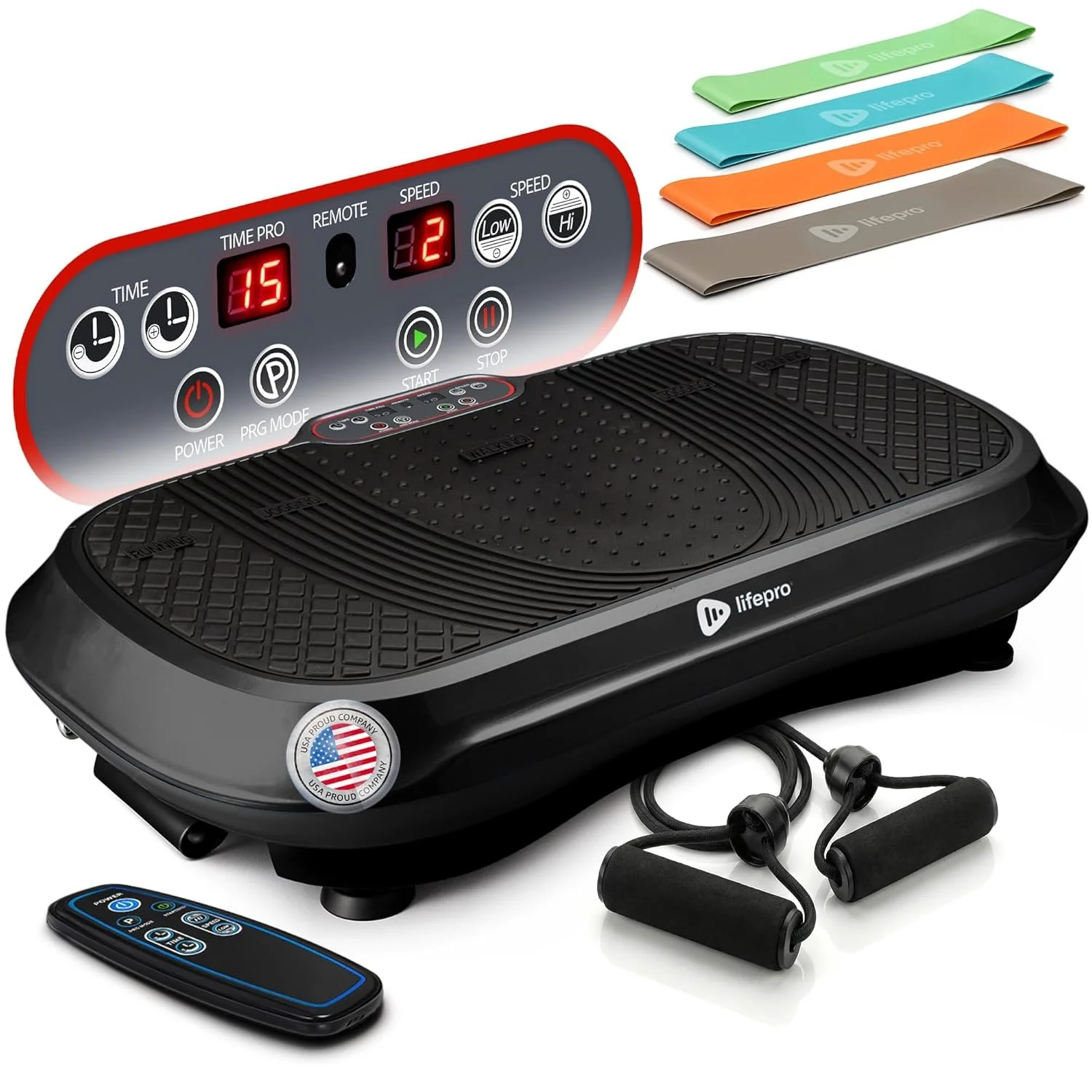 A black electric vibrating platform with a control panel, remote control, resistance bands, and colorful sliders placed above it.