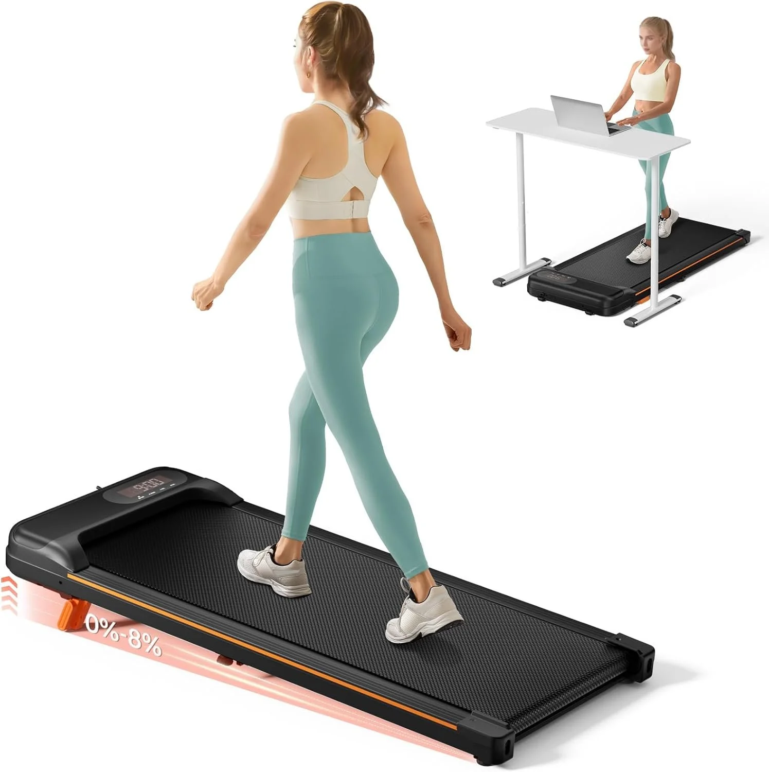 A woman walking on a treadmill with a digital display, while another woman uses a standing desk converter with a laptop on top.
