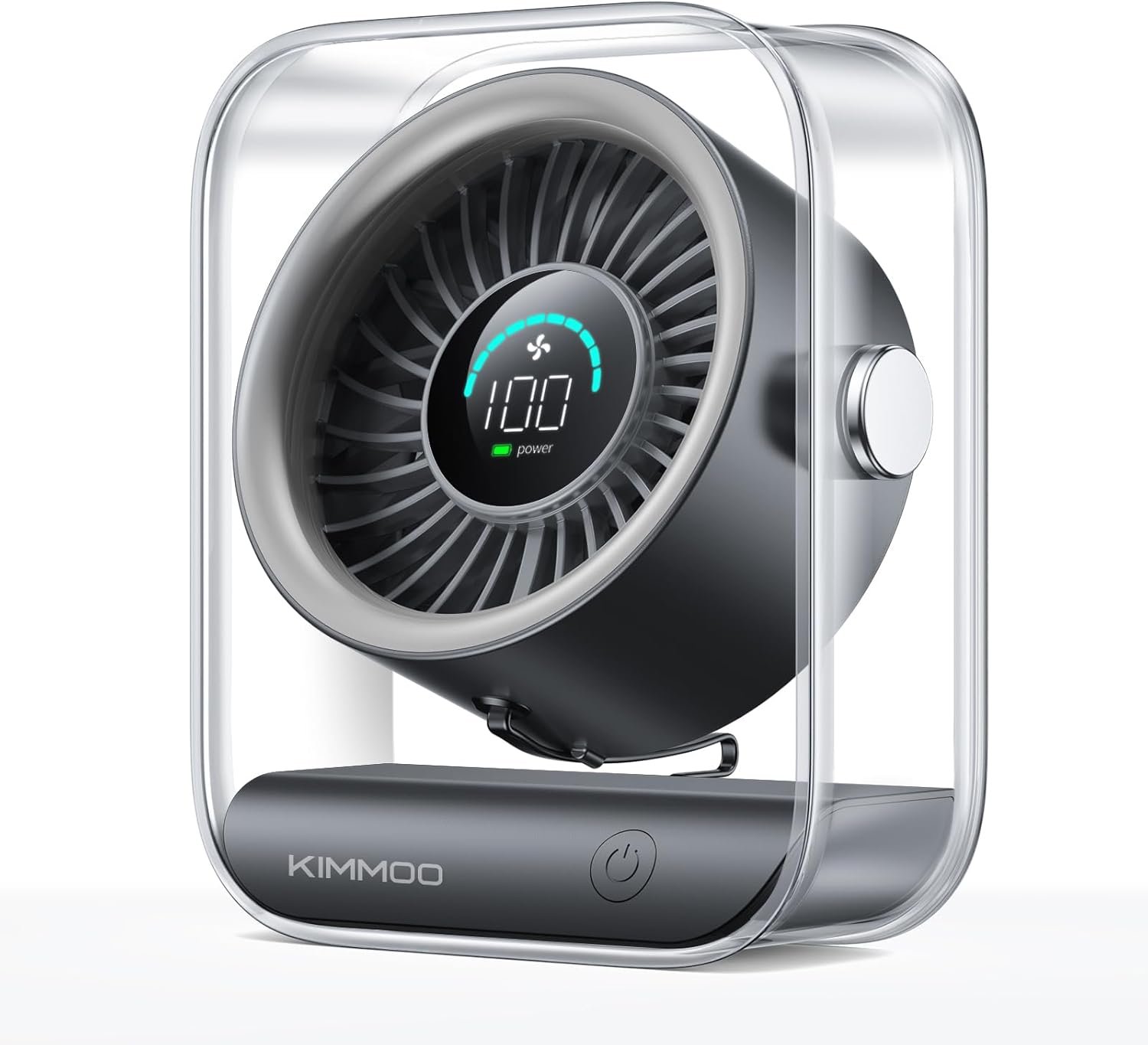 A modern, digital table fan with a circular design housed in a clear plastic case. The fan has a digital display at its center showing the number 100 and a power indicator.