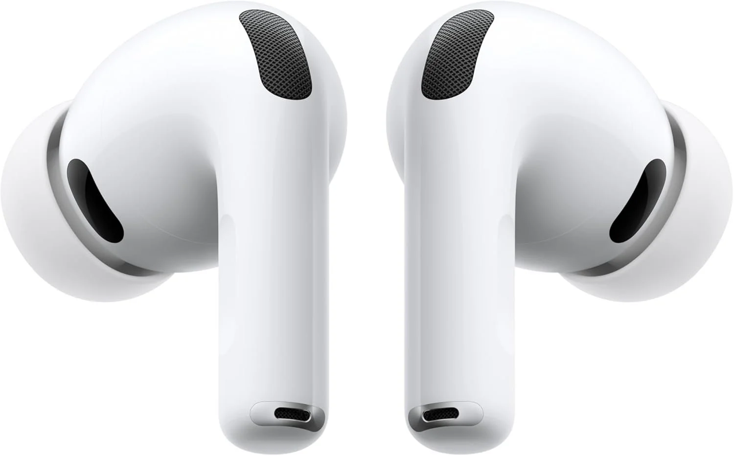 Pair of Apple AirPods wireless earbuds in white with black accents.