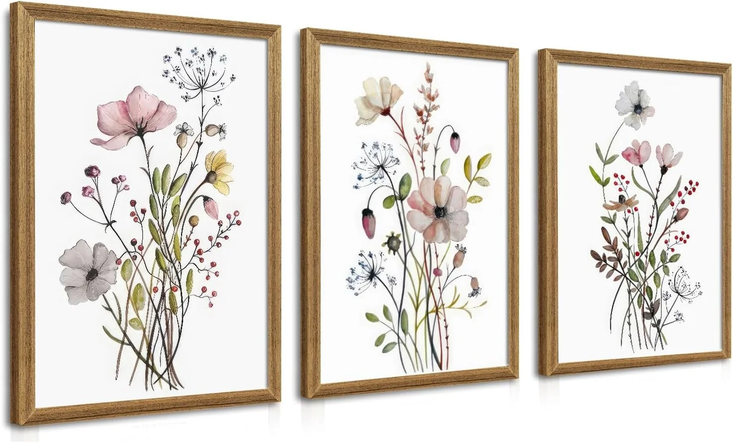 Three framed floral watercolor prints featuring pink, white, and purple flowers with green and brown leaves, arranged side by side on a white background.