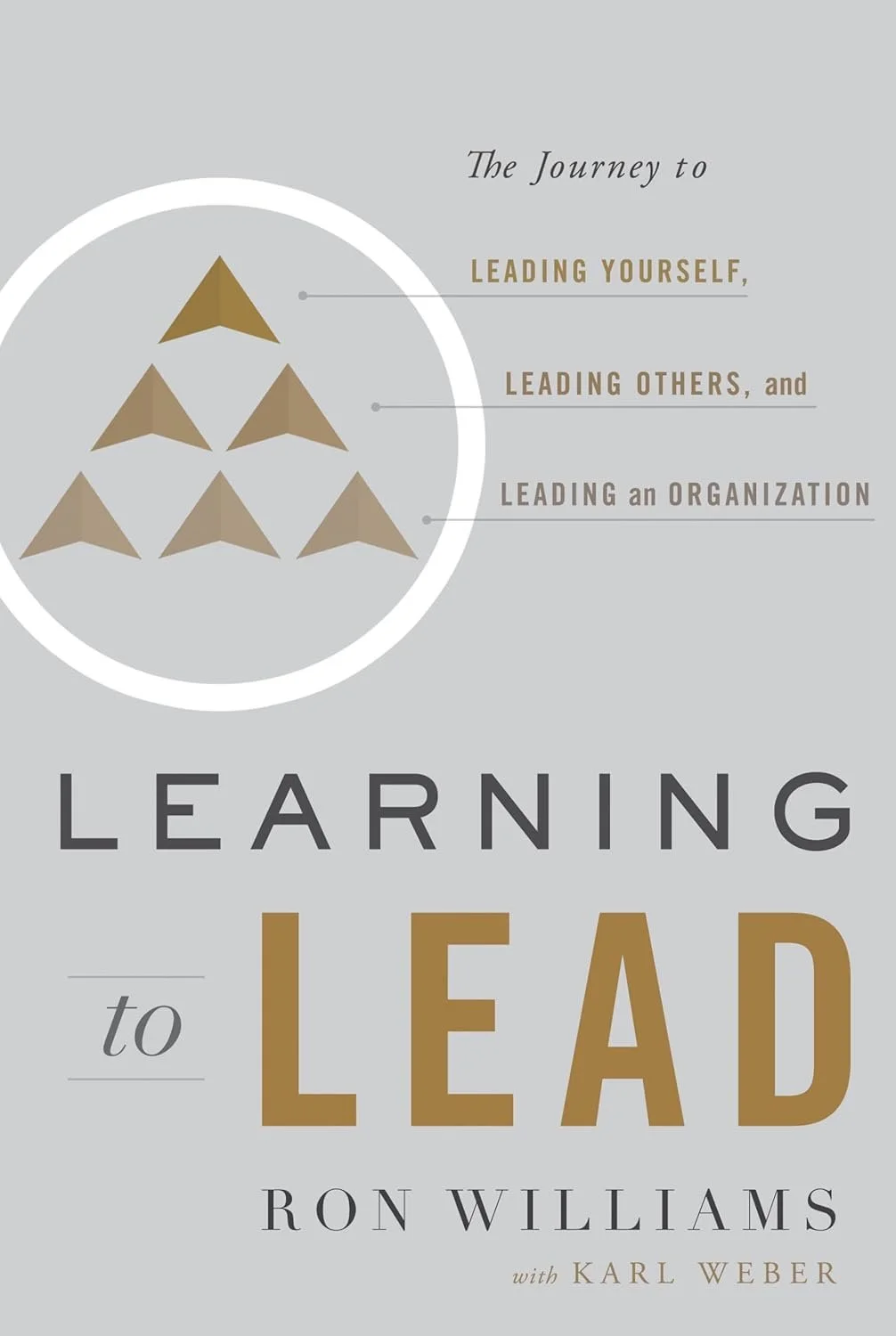 Book cover titled "Learning to Lead" by Ron Williams with Karl Weber, featuring a pyramid of six gold and beige triangles representing leadership levels.