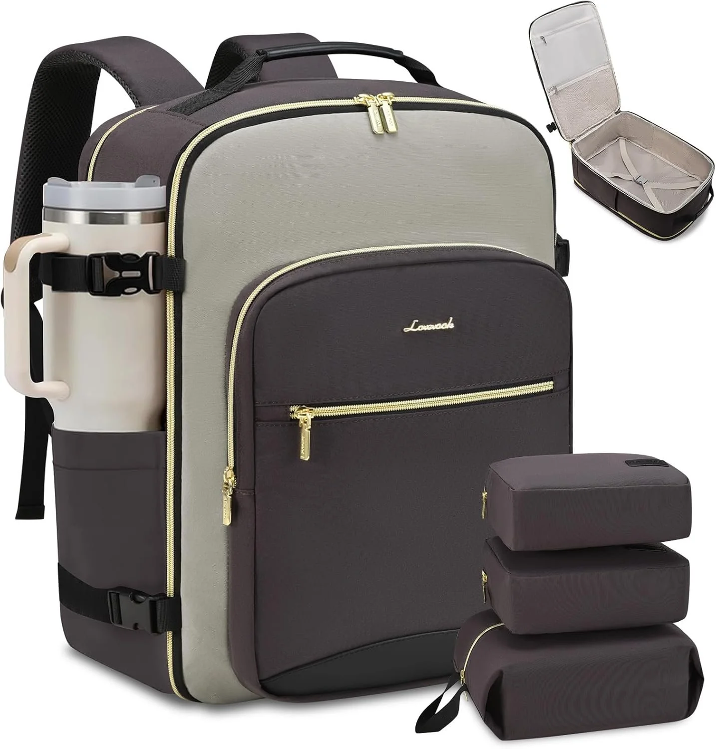 A travel bag set with a rolling suitcase, a smaller carry-on, a toiletry bag, and a lunch container, all in black and beige with gold accents.