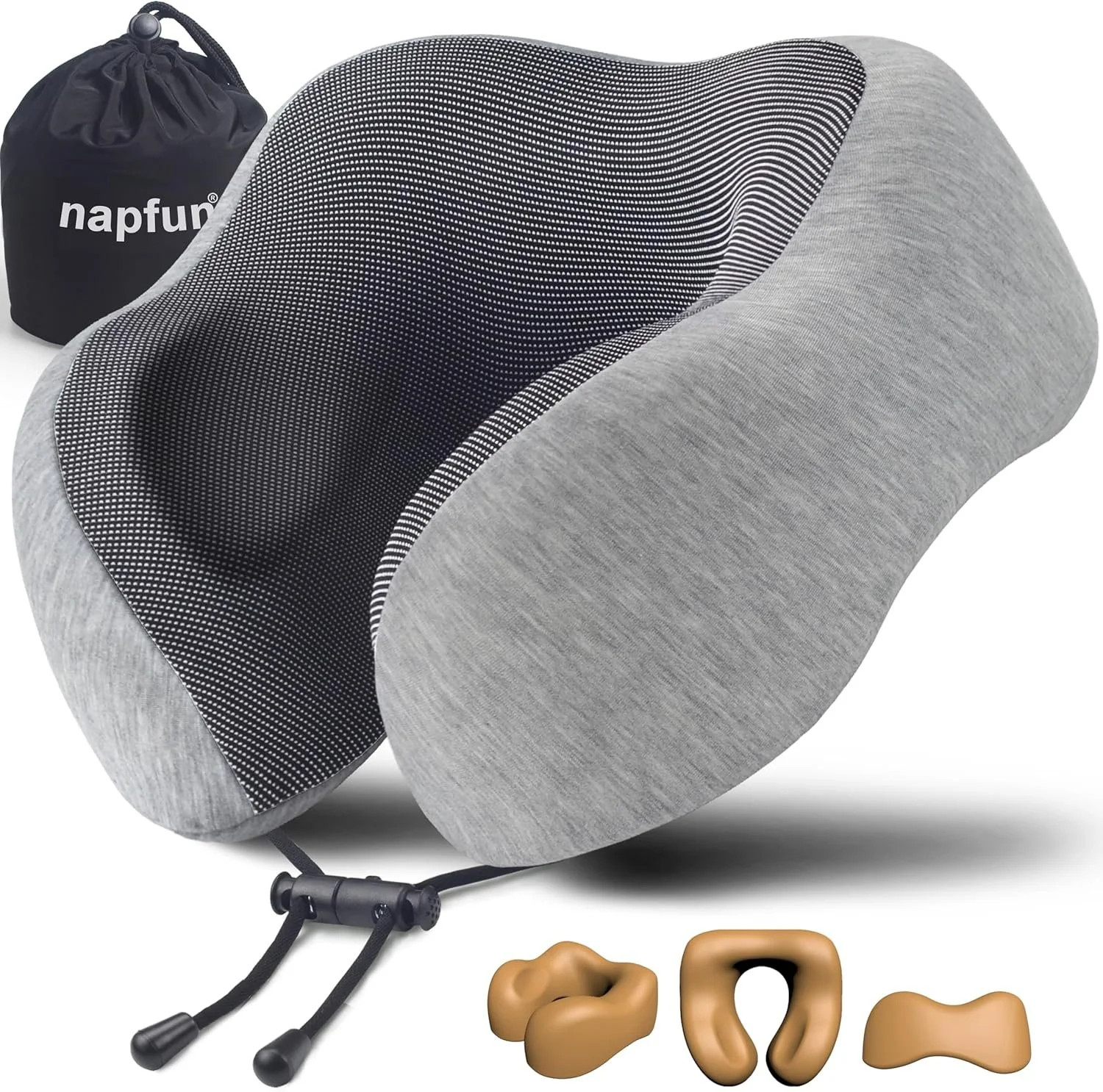 A gray and black memory foam back support pillow with adjustable straps, alongside a black drawstring pouch labeled 'napfun', and four small beige and black ear-shaped objects.