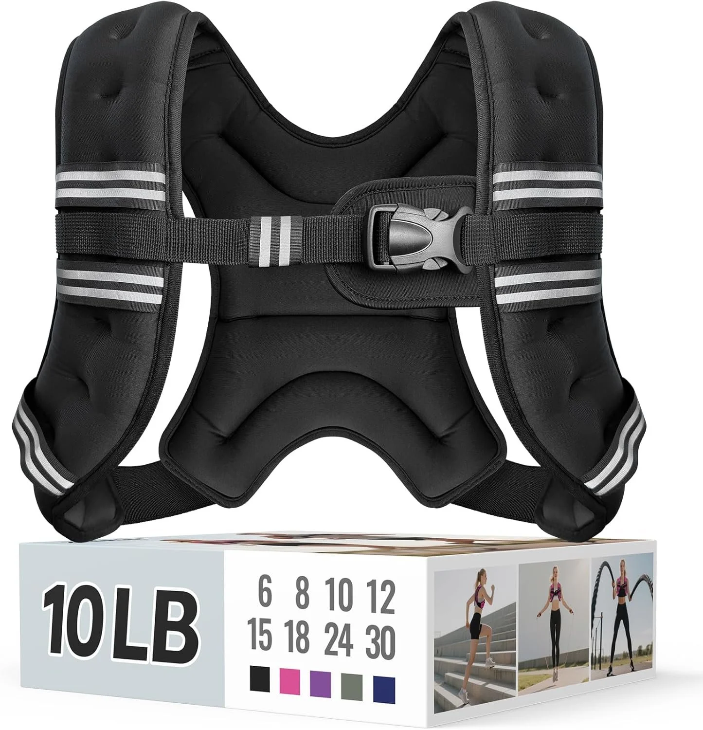 A black weighted vest with gray reflective stripes and adjustable straps, resting on a product box featuring workout illustrations and color options.