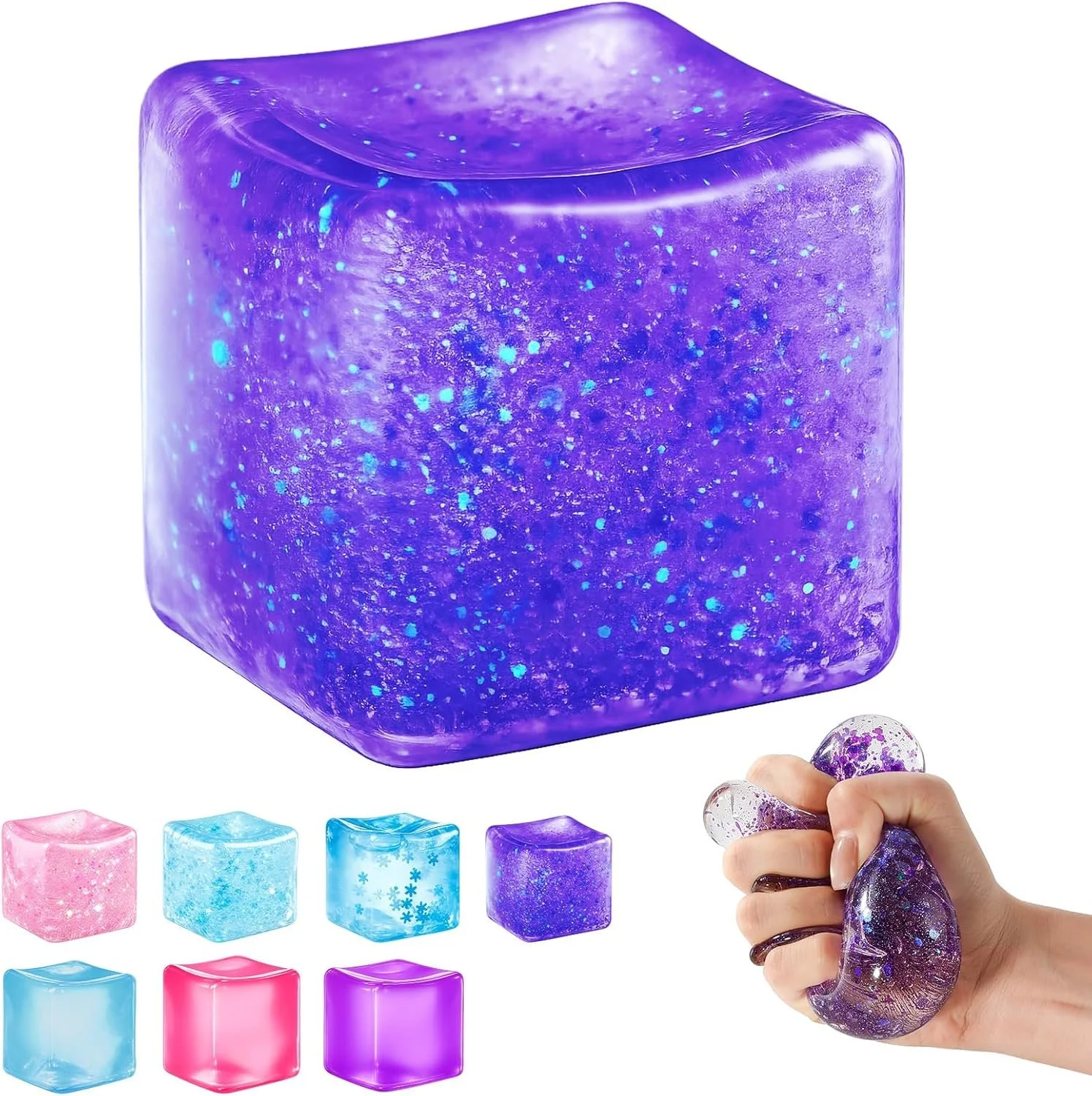 A person is squeezing a purple, glittery, translucent putty shaped like a teardrop.